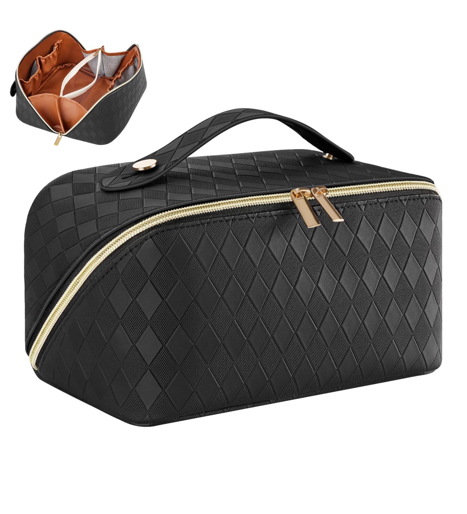 Large Capacity Waterproof PU Makeup Bag with Divider and Handle - Black Travel Toiletry Organizer - Buy Online on GoSupps.com