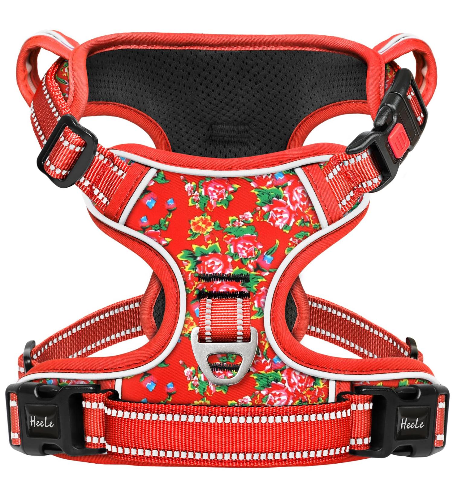 Heele Adjustable Floral Red Dog Harness | Anti-Train Running Harness with Lockable Snap for Dogs | Reflective & Comfortable Fit (35-61cm) - Buy Online on GoSupps.com