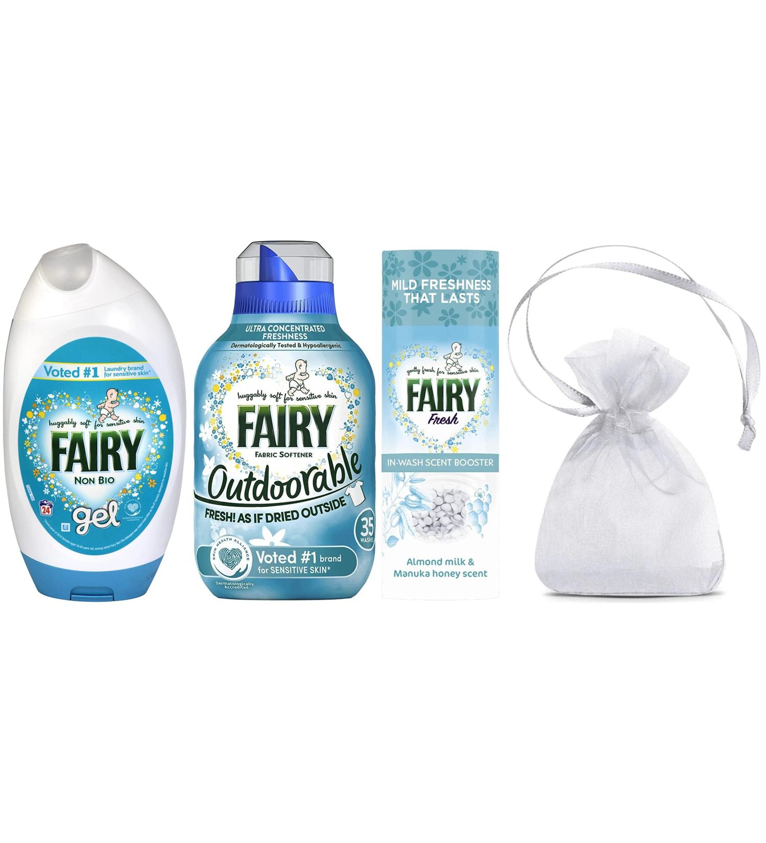 Fairy Non Bio Laundry Washing Gel for Sensitive Skin 24washes 840ml + Fairy Outdoorable Non Bio Fabric Conditioner 35washes 490ml + Fairy Fresh in Wash Scent Booster Beads 1Pk 176gr - Buy Online on GoSupps.com