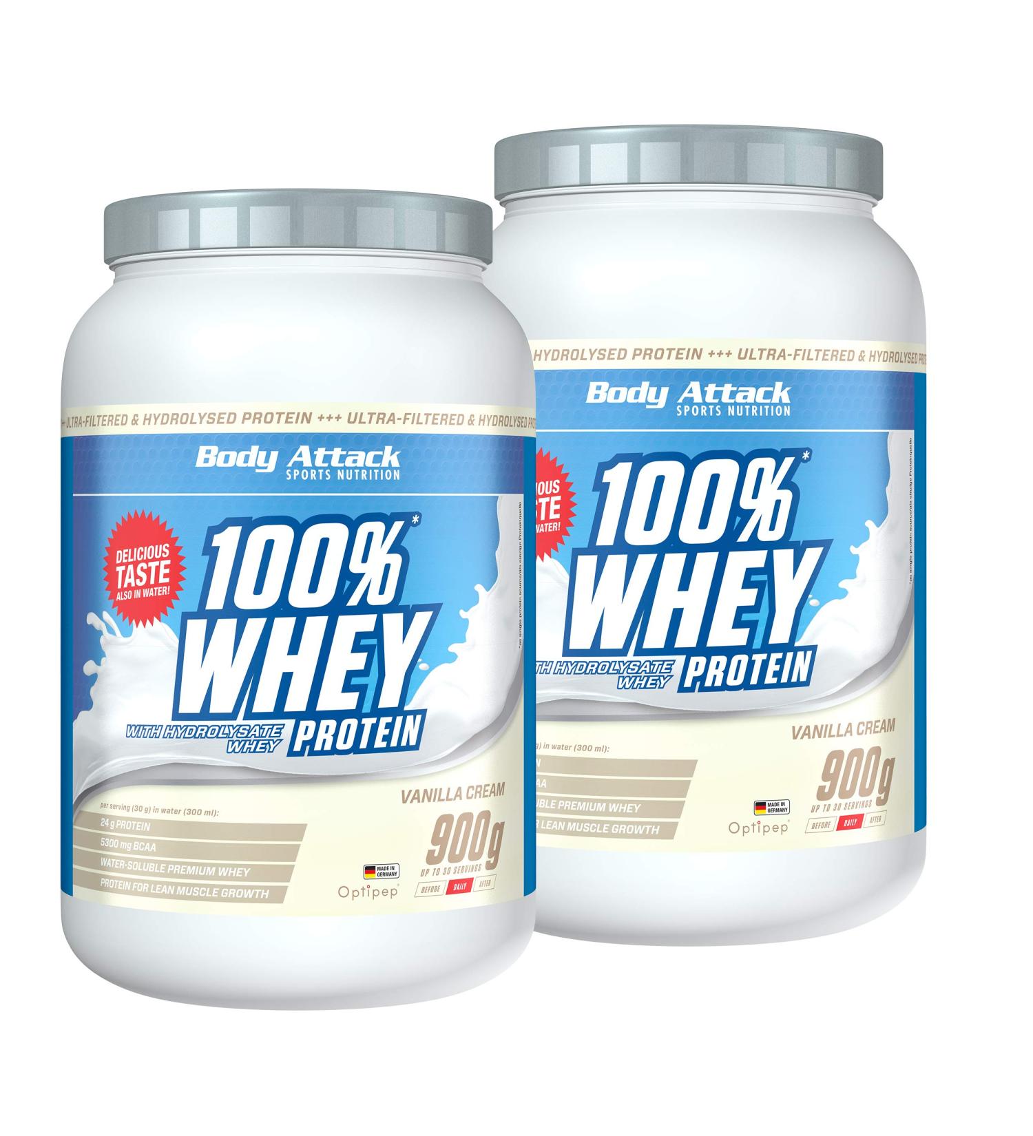 Body Attack 100% Whey Protein Vanilla 2x900g - Extra Creamy Hydrolysate & BCAA - Supports Muscle Building & Diets for Athletes - Made in Germany - Buy Online on GoSupps.com