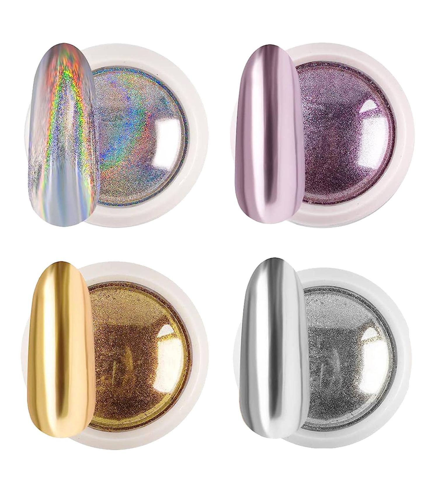 Chrome Nail Powder Set - Glitter Metal Mirror Effect - 4 Colors - 3D Holographic - DIY Nail Art Kit with Sponge Sticks - Buy Online on GoSupps.com