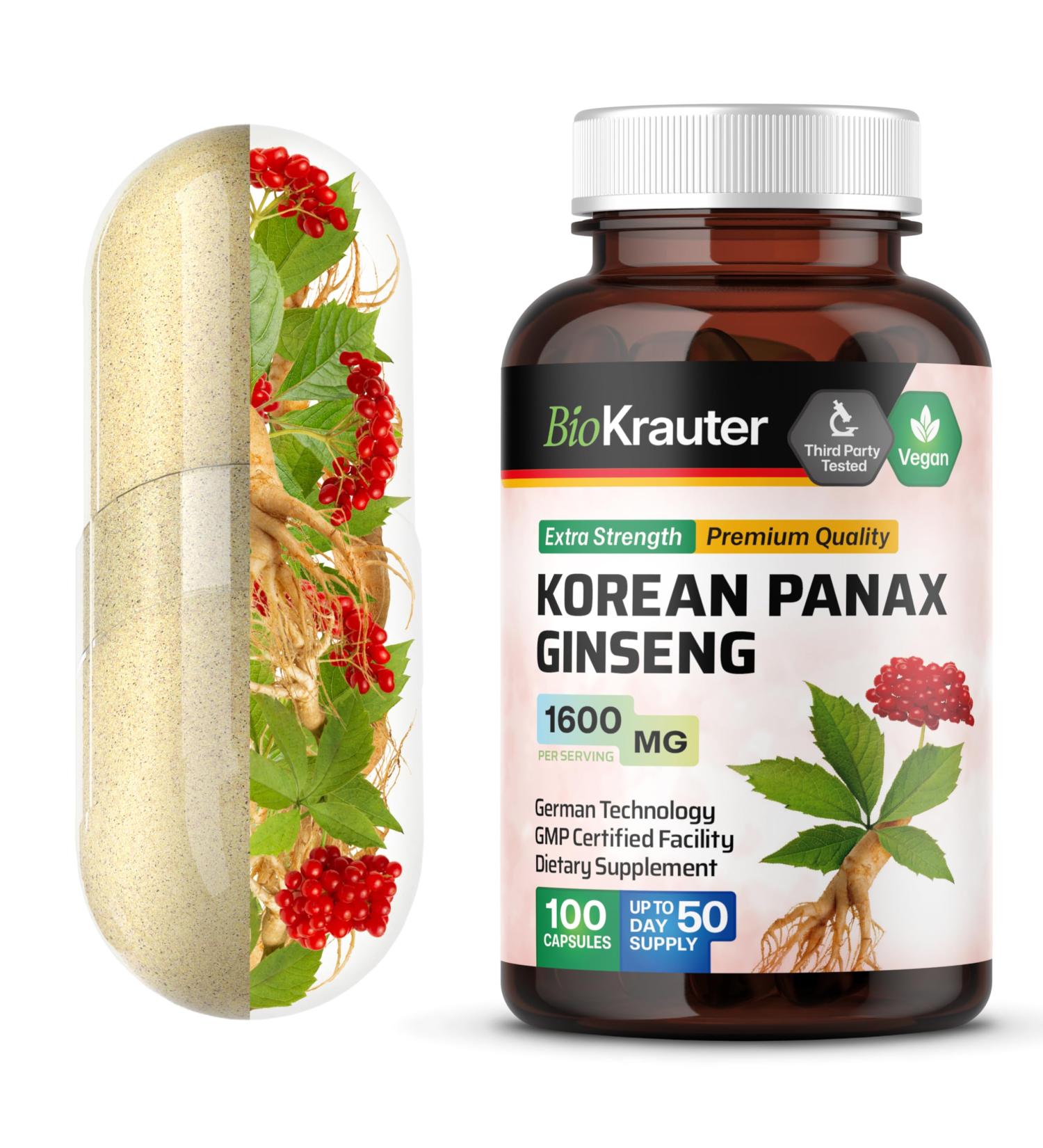 BIO KRAUTER Korean Red Ginseng Capsules - 1600 mg Strength - 100 Count - Korean Panax Ginseng Supplement - Vegan Immune Supplement 100 Count (Pack of 1) - Buy Online on GoSupps.com