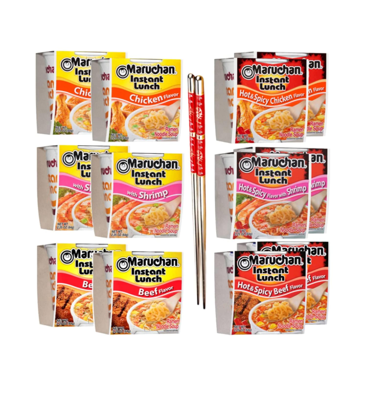 Ja Cor Instant Lunch Ramen Noodles Variety Pack- 6 Flavors: Chicken Beef Shrimp Hot and Spicy Chicken Beef Shrimp Cup Noodle Soup Bundle with 1-Set of Reusable Chopsticks(2 Each Flavor 12 Packs) - Buy Online on GoSupps.com