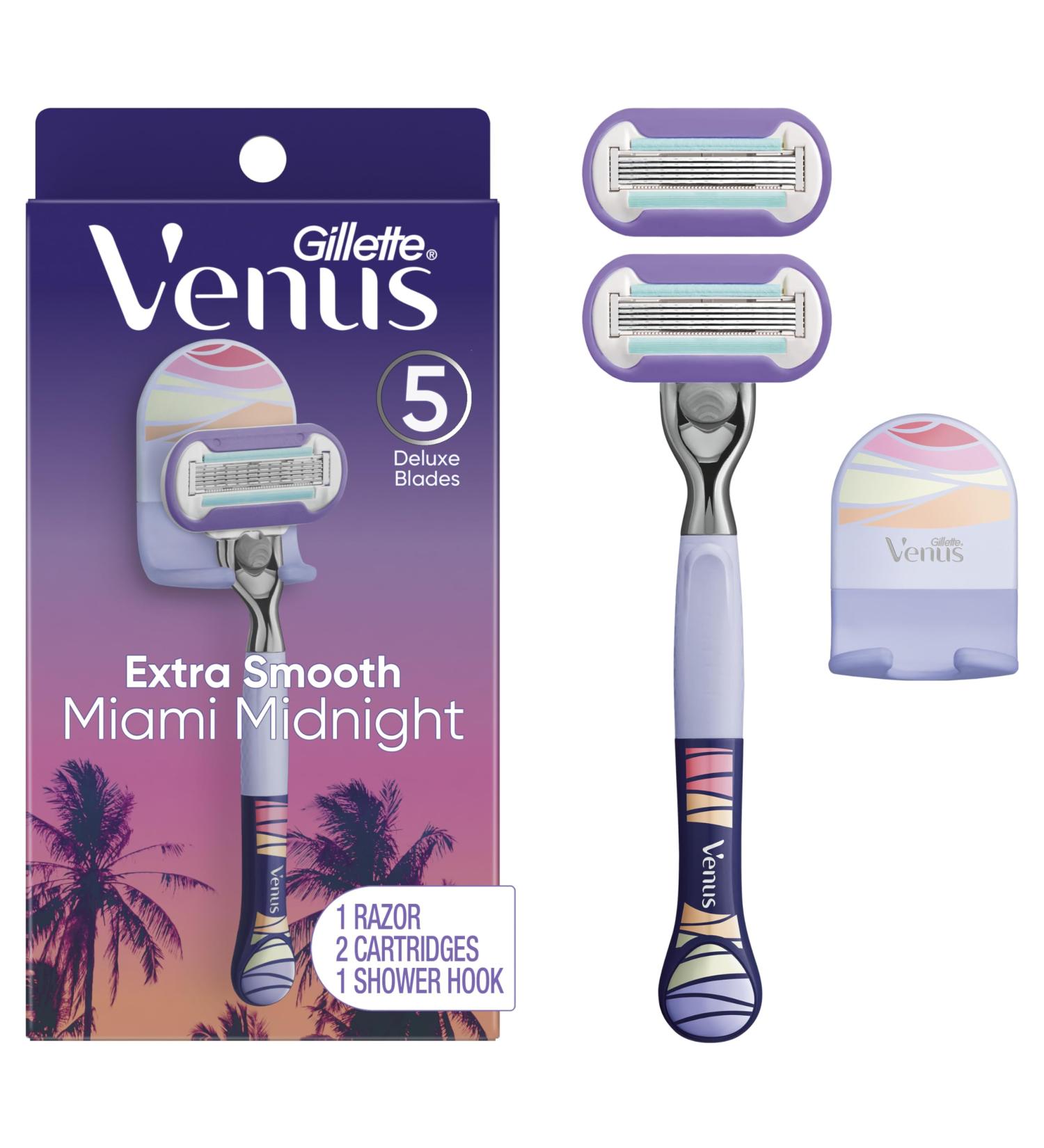 Gillette Venus Miami Midnight Extra Smooth Women's Razor Handle 2 Blade Refills and Shower Hook - Buy Online on GoSupps.com
