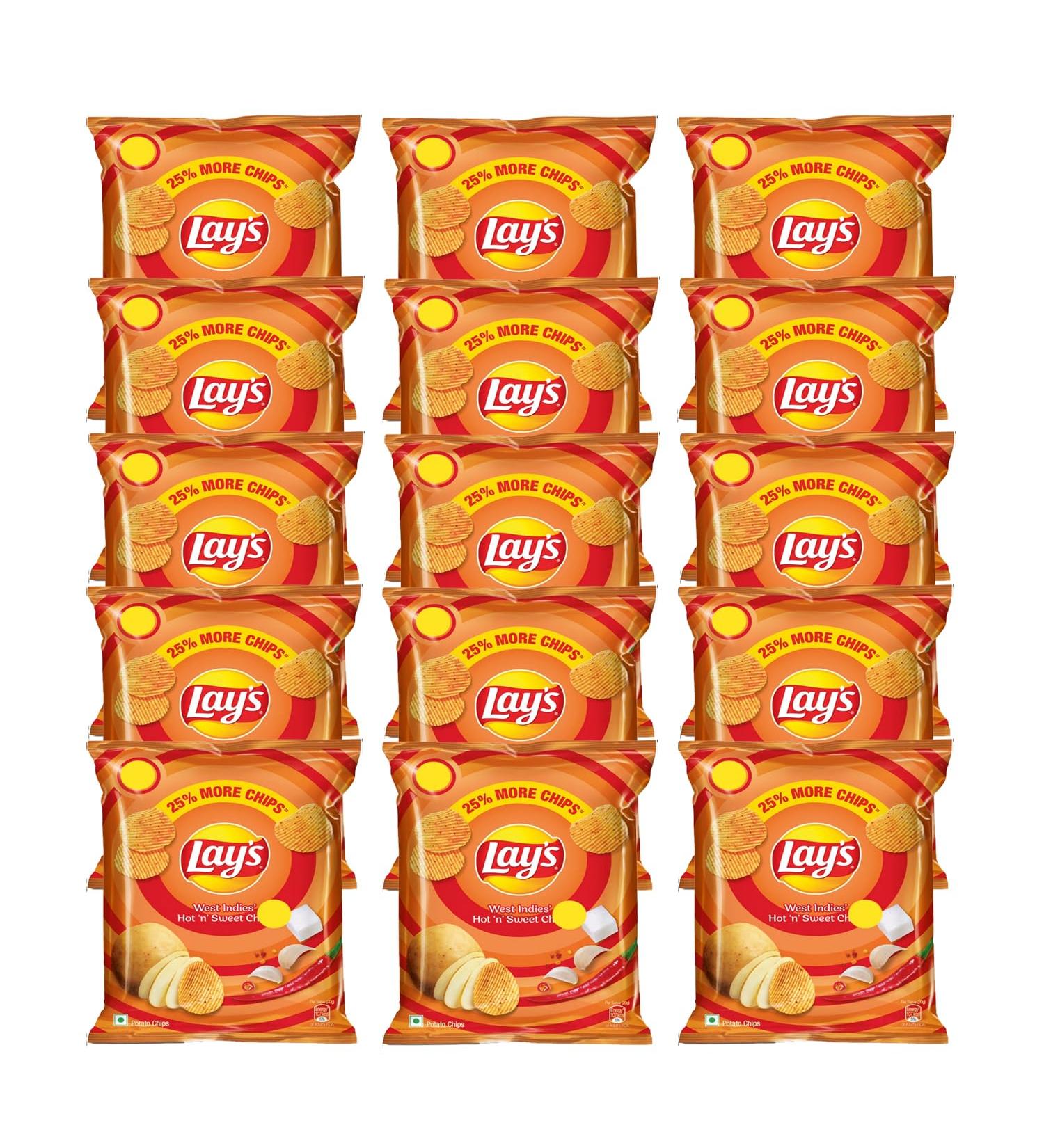 Lays Potato Chips (West Indies Hot and Sweet Chilli) Flavor (50 Gram) - Slow-Cooked Potato Crunchy Chips & Snacks (Pack of 15) 50 g (Pack of 1) - Buy Online on GoSupps.com