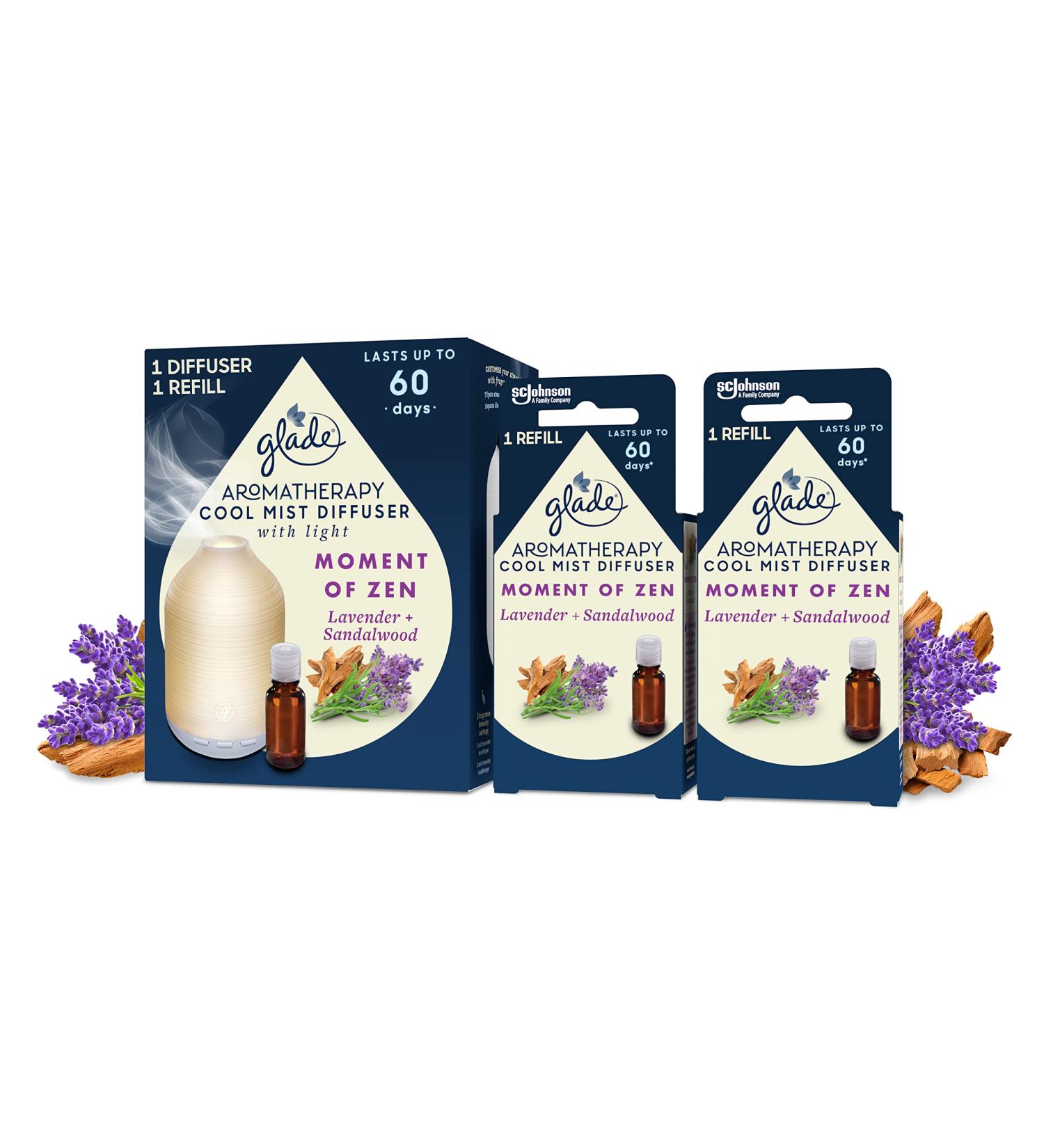 Glade Aromatherapy Cool Mist Diffuser Gift Set - Lavender & Sandalwood Essential Oils - Calming Fragrance - 52.2ml - Moment of Zen - 1 Holder & 3 Refills - Buy Online on GoSupps.com
