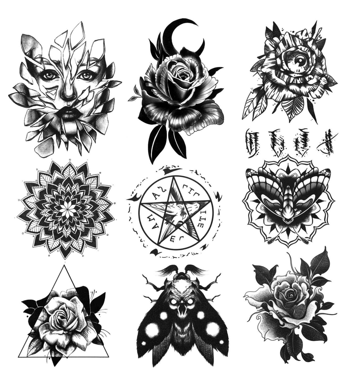 Oottati 9 Sheets Waterproof Temporary Tattoo Stickers - Halloween Black Women Moth Flower Pentagram Skull Design - Buy Online on GoSupps.com