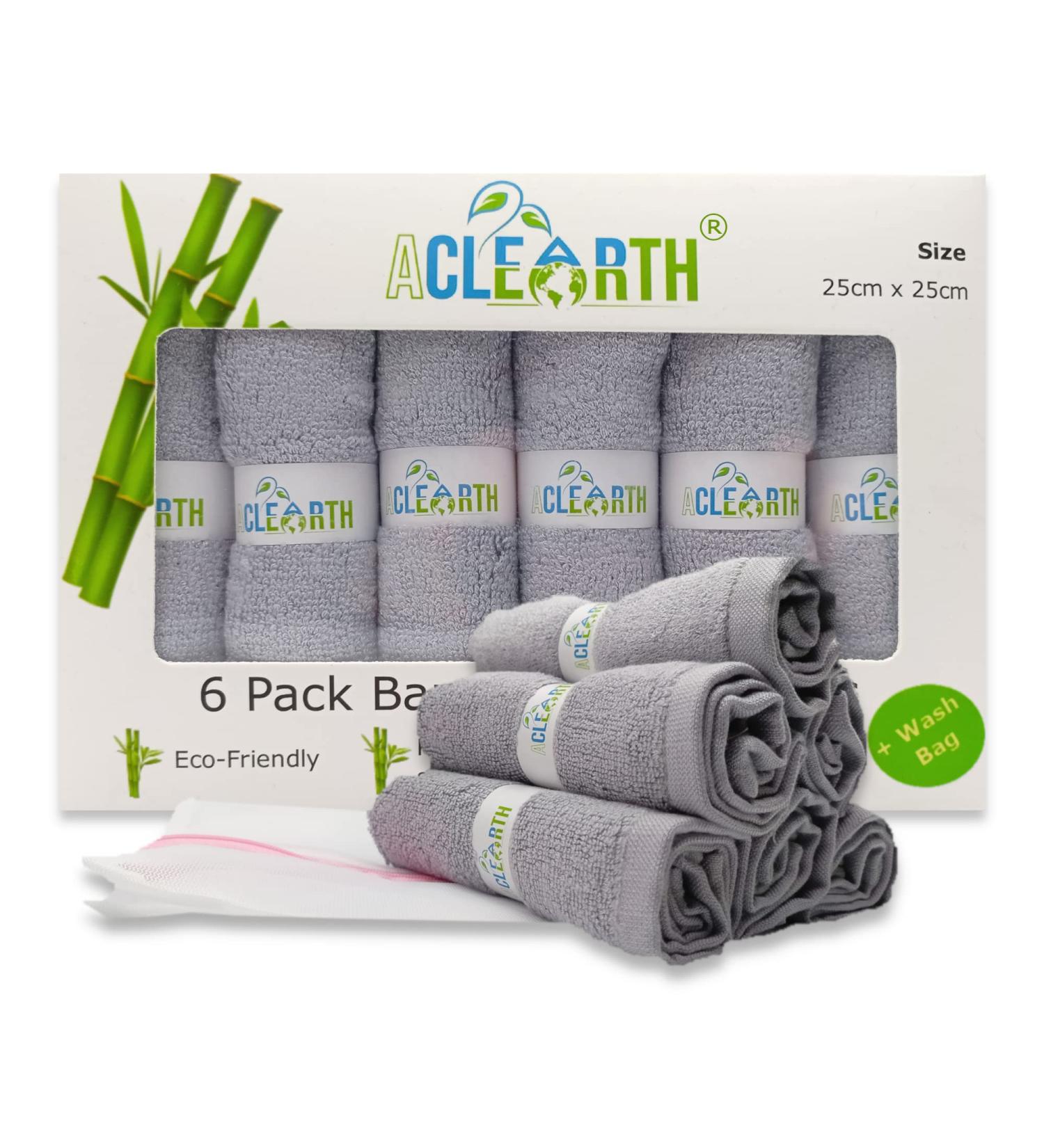 ACLEARTH Grey Bamboo Wash Cloths (6 pc) - Soft Face Wash Cloth Flannels 25x25cm for Sensitive Skin, Makeup Removal - Premium Bamboo Face Cloth for Adults, Babies, Kids - Ideal Gift - Buy Online on GoSupps.com