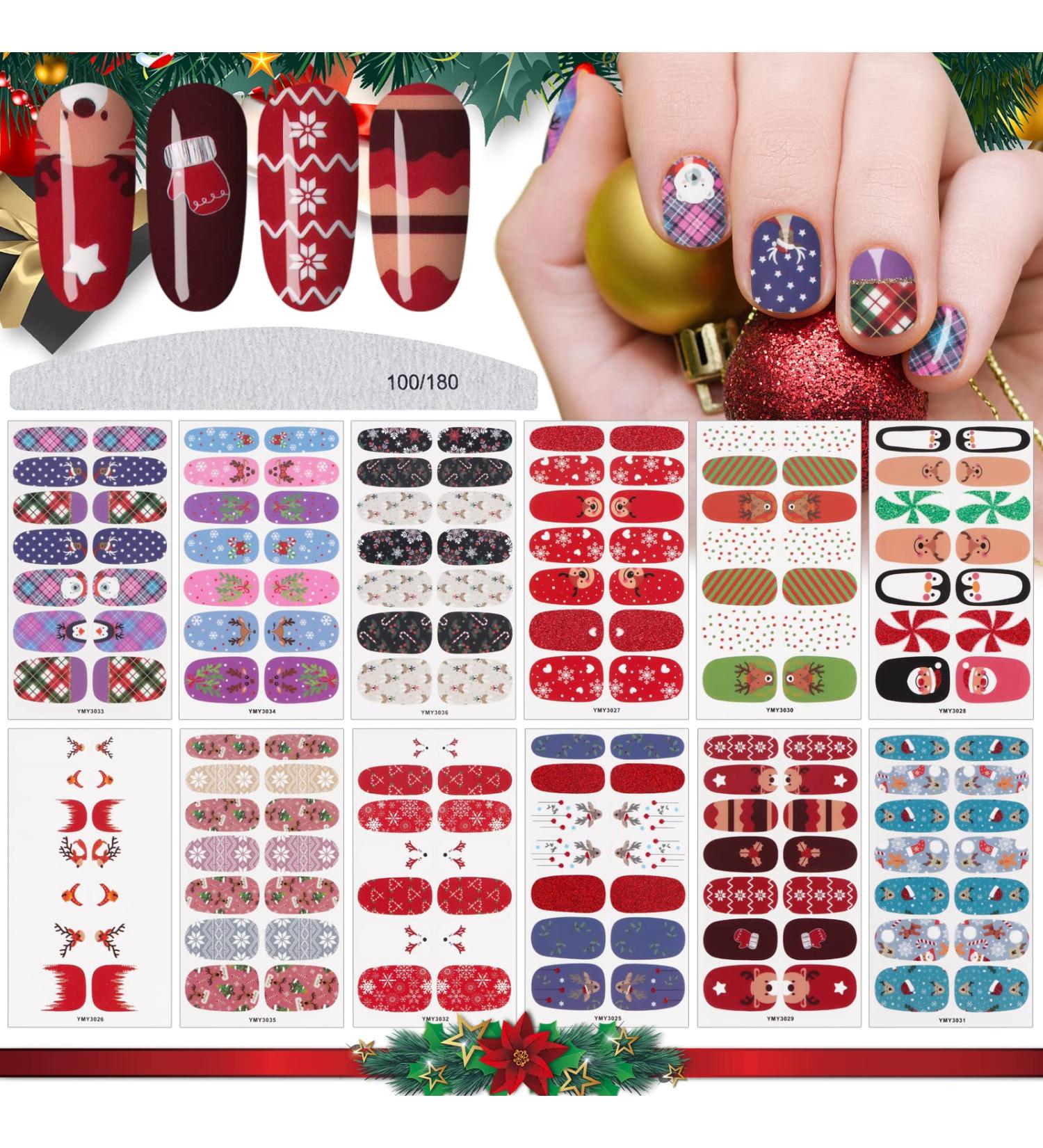 12 Sheets Christmas Nail Stickers Wraps EBANKU Adhesive Full Nail Wraps Santa Claus Snowflake Elk Design Nail Art Decals Strips with 1 Piece Nail Files for Women Girl Christmas Nail Decoration - Buy Online on GoSupps.com