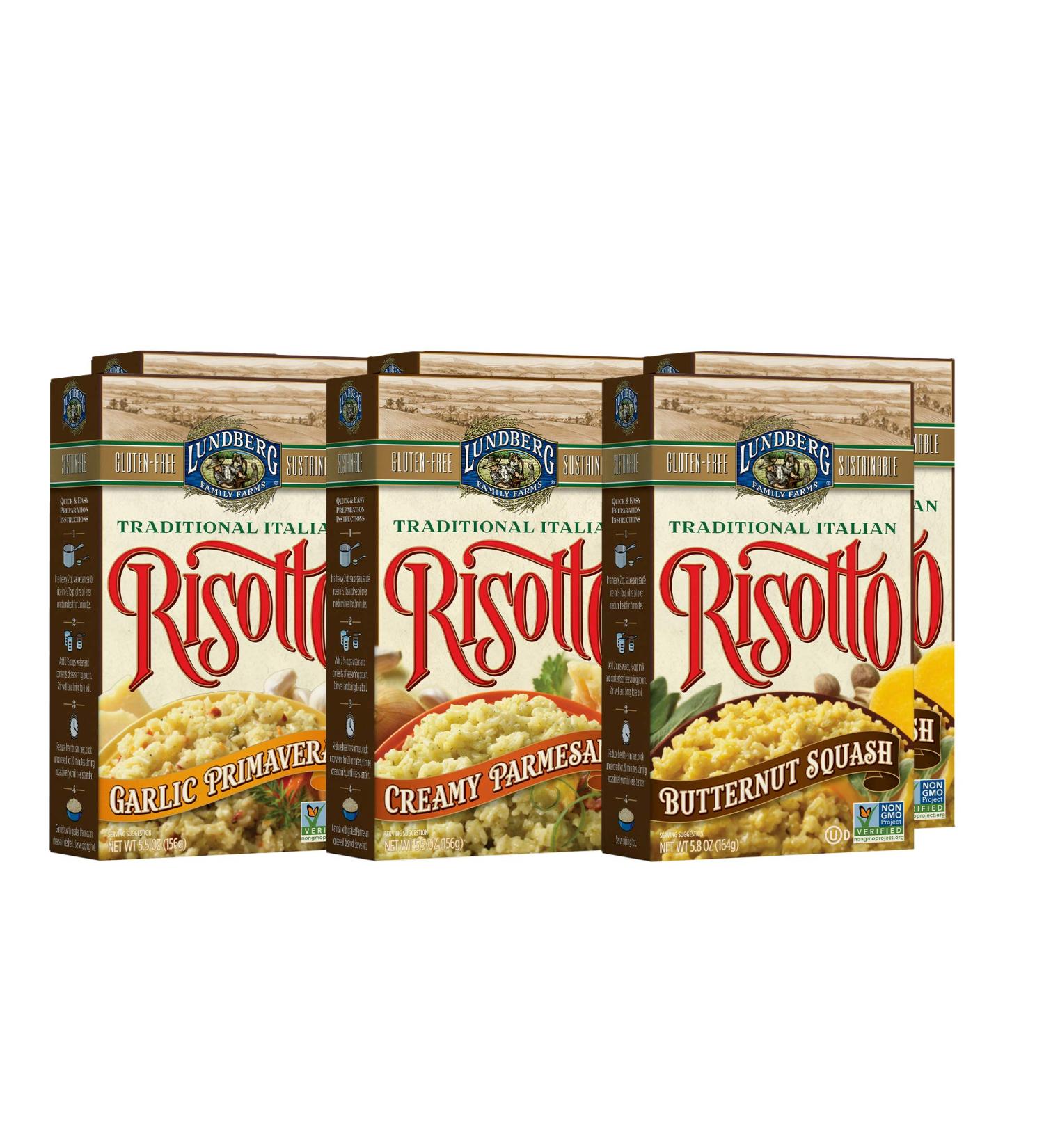 Lundberg Family Farms Italian Risotto Variety Pack - Creamy Parmesan, Garlic Primavera & Butternut Squash - Gluten-Free Side Dish - 20 Minute Cook Time - 5.5 oz, 6-Pack - Buy Online on GoSupps.com