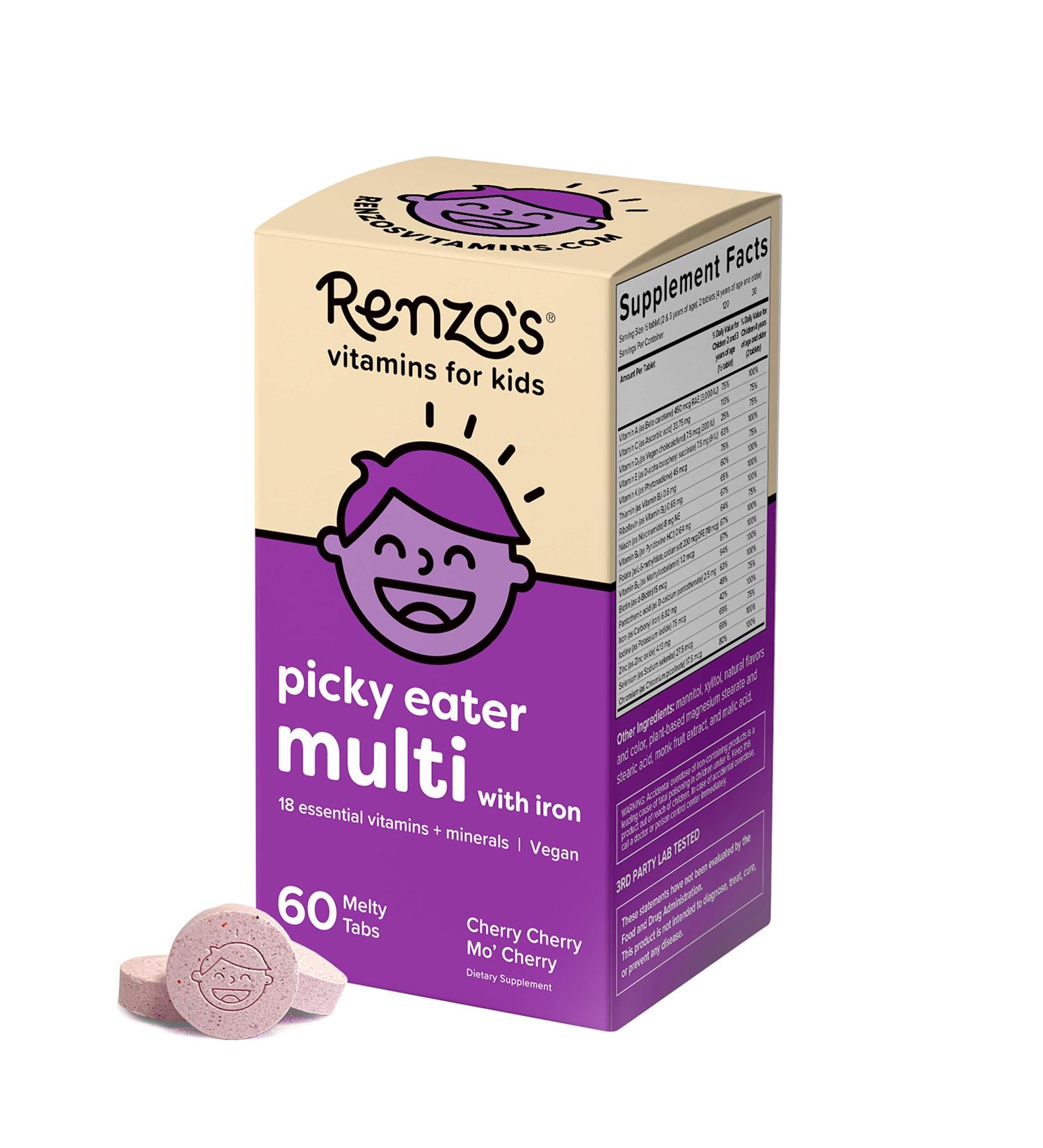 Renzo's Picky Eater Kids Multivitamin - Vegan with Iron & Vitamin C, Zero Sugar, Cherry Flavored - 60 Melty Tabs - Buy Online on GoSupps.com
