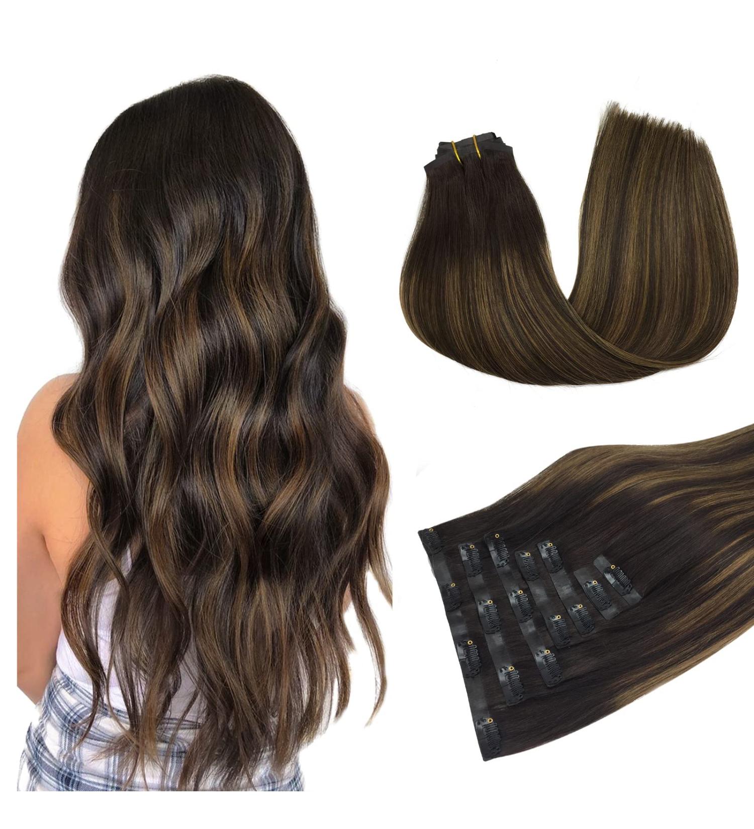 Doores Clip In Extensions - Real Remy Hair Balayage Dark Brown to Chestnut Brown 40cm (16 inch) - 7 Pieces 110g Seamless Hair Extensions - Buy Online on GoSupps.com