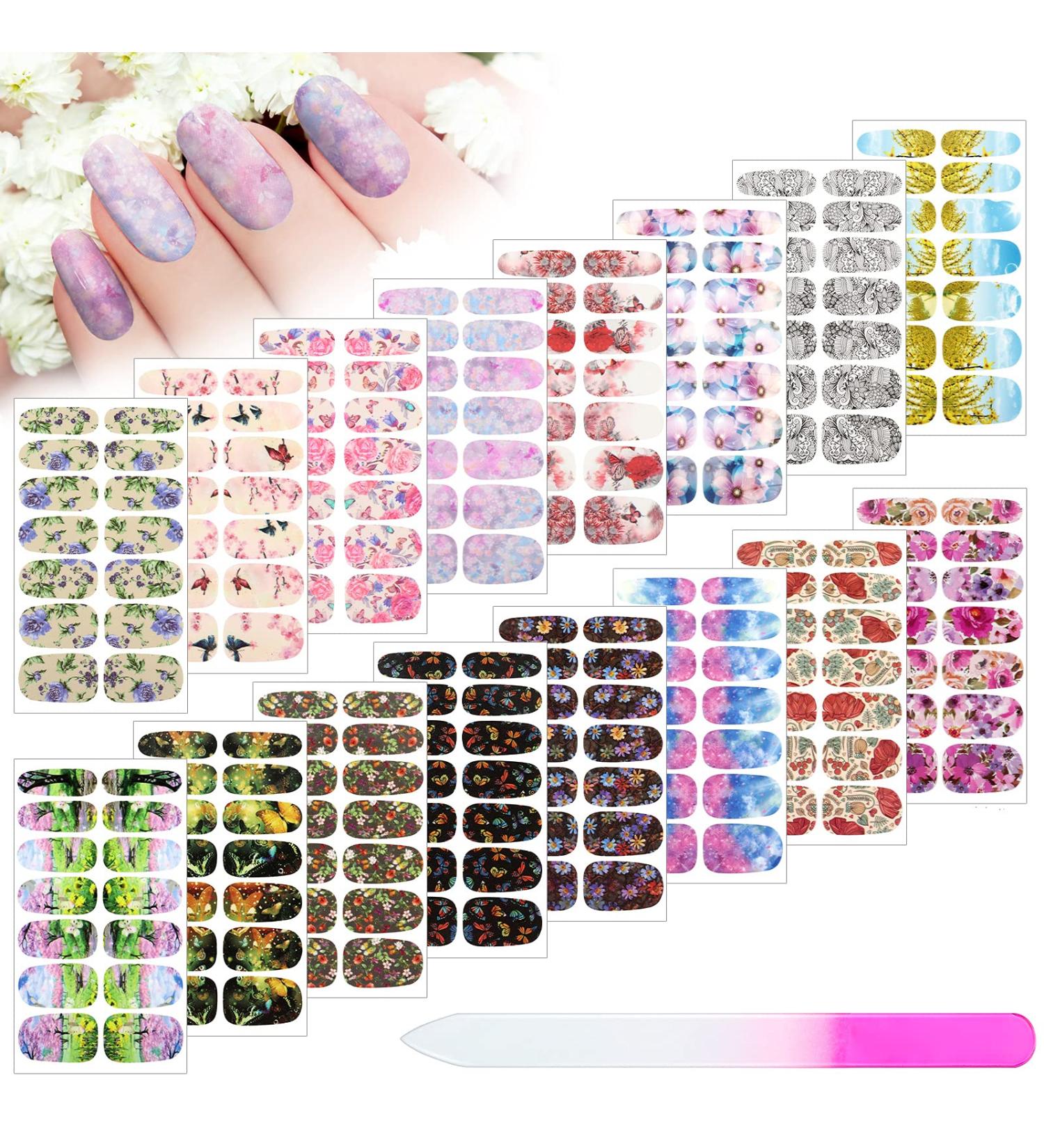 Self Adhesive Flower Nail Wraps - 16 Sheets Full Cover Nail Stickers with Butterfly Design for Women and Girls | Nail Art Decals and Polish Sticker Set with File | Nail Decoration - Buy Online on GoSupps.com