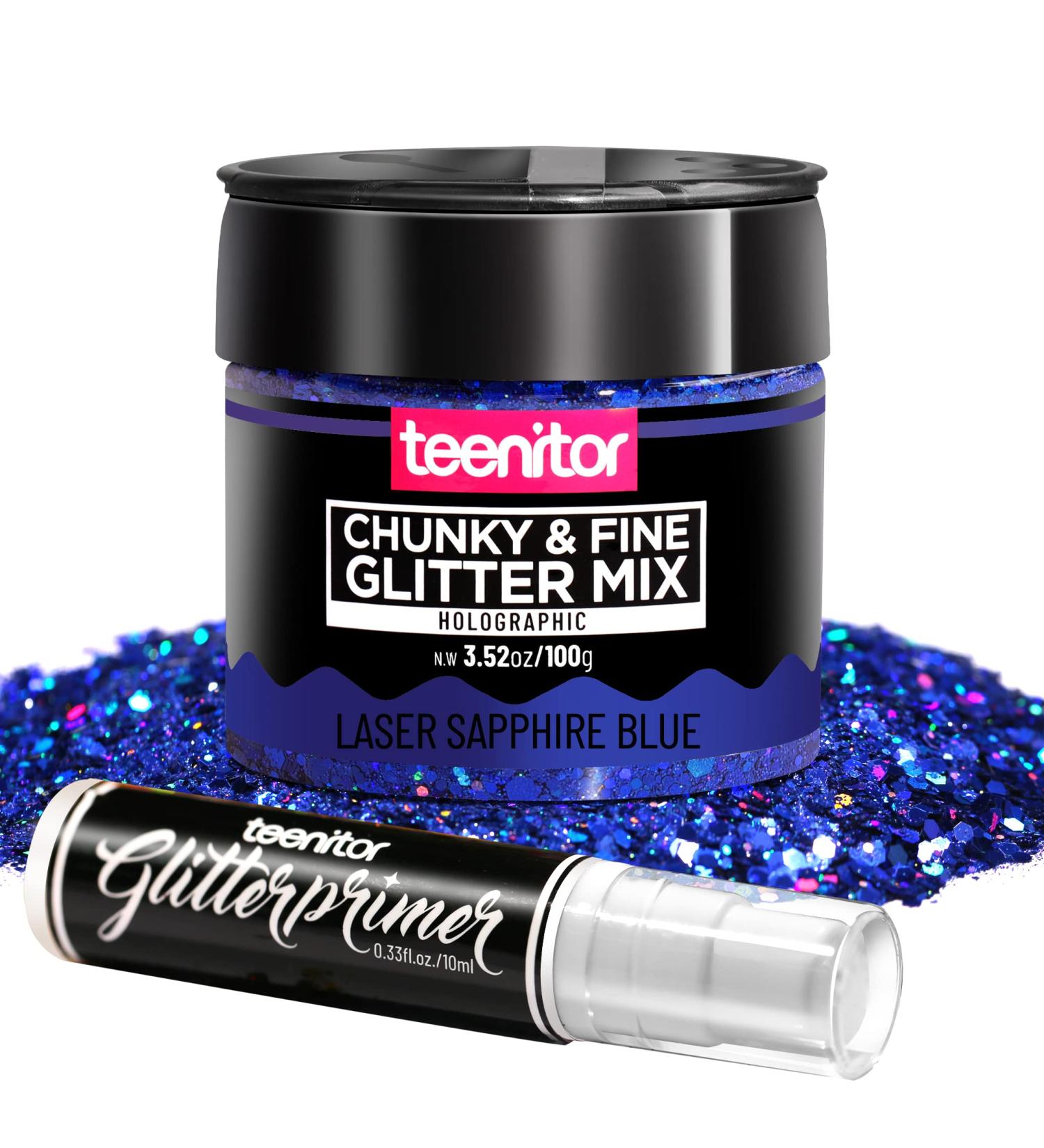 Teenitor Holographic Blue Chunky Glitter Mix + Primer for Face, Hair, Nail, Eye - 100g - Perfect for Makeup, Raves, Festivals, Resin, Tumblers - Cosmetic & Nail Art - Buy Online on GoSupps.com