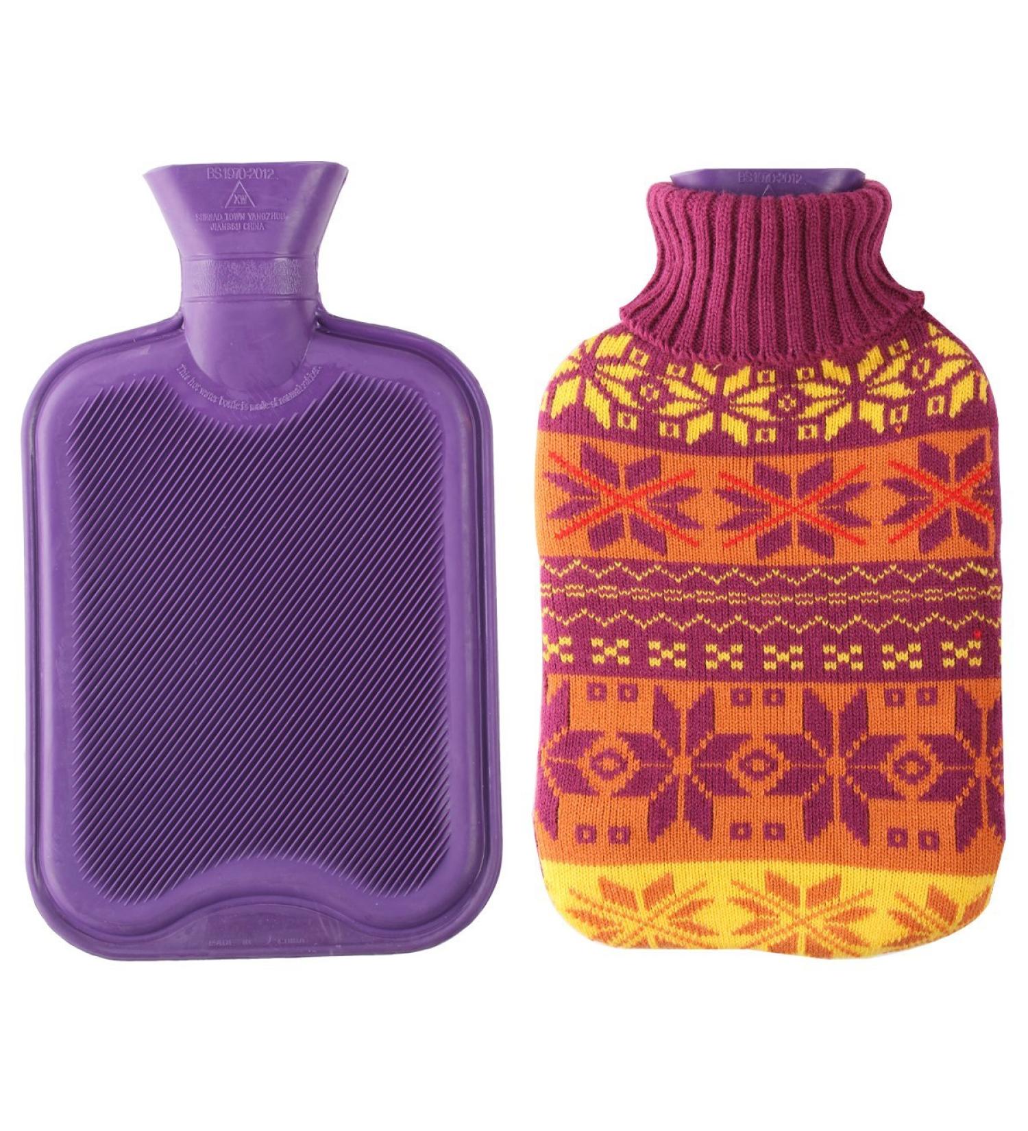 2 Liter Premium Classic Rubber Hot Water Bottle with Cute Knit Cover - Purple/Snowflake Design (2 Piece Set) - Buy Online on GoSupps.com