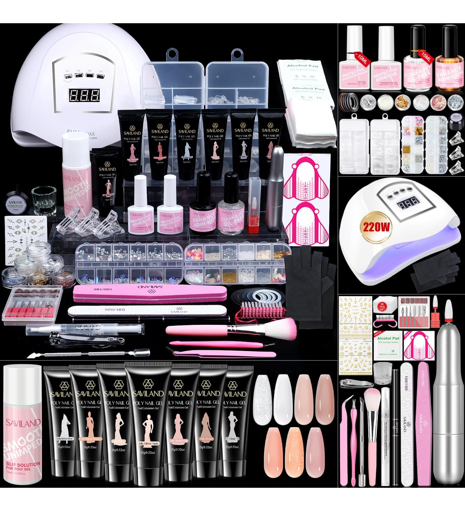 Saviland 8 Colors Poly Nail Gel Kit Poly Nail Extension Gel Pink Series with Base & Top Gel 36W U V LED Light Basic Nail Tools All-in-one French Manicure Starter Nail Kit for Home DIY 3A-7 Colors Poly Gel Nail Kit with Nail Drill - Buy Online on GoSupps.com