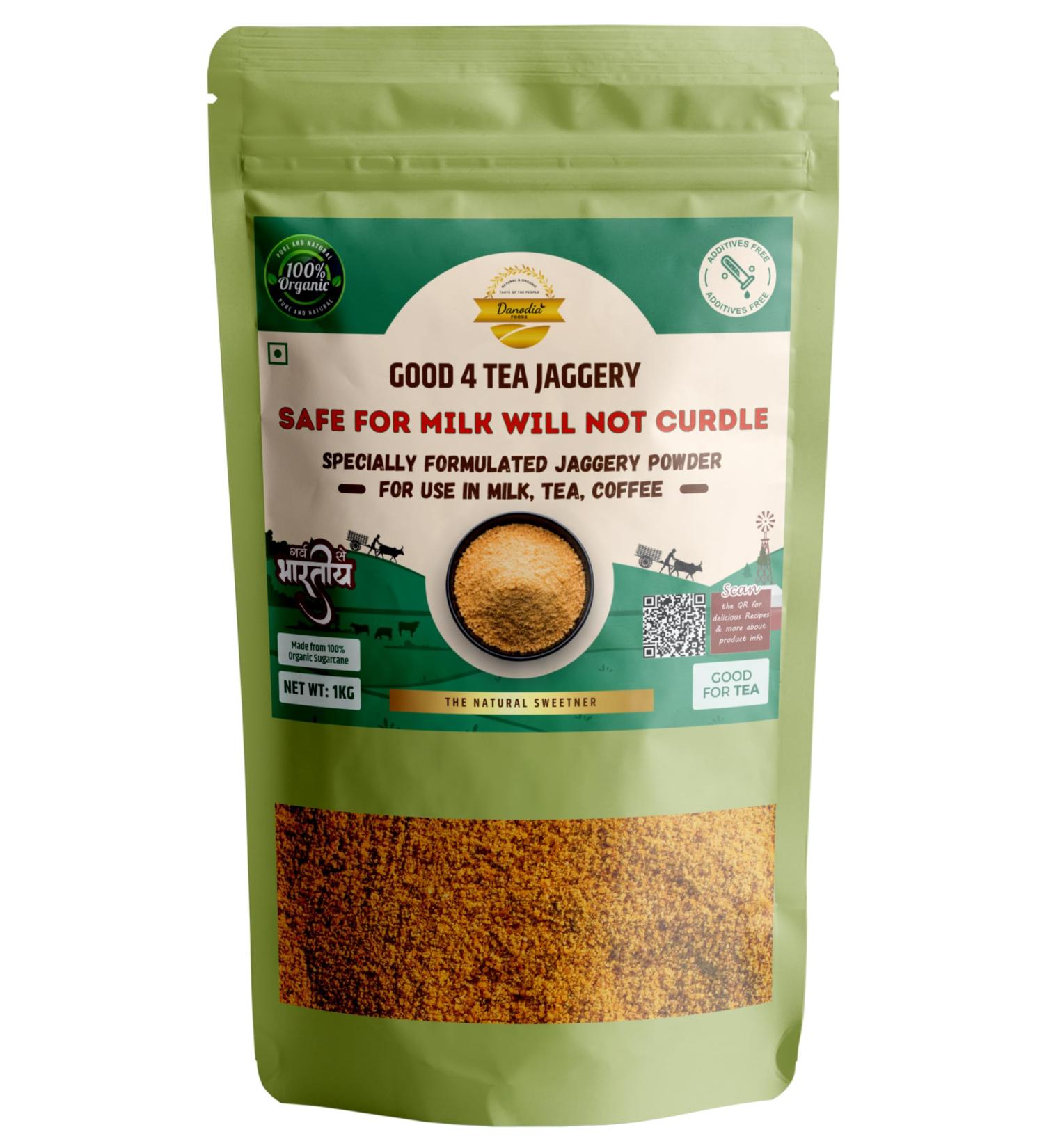 Danodia Foods Good 4 Tea Jaggery Powder 1kg - Natural Sweetener for Tea, Gur Powder - Will Not Curdle Milk - Buy Online on GoSupps.com