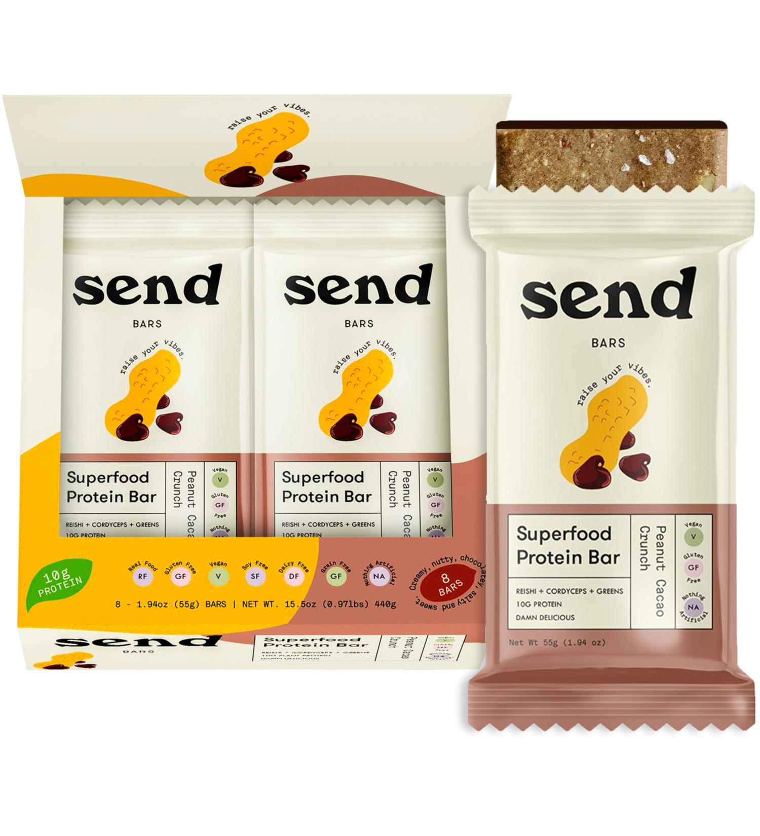 Buy Send Bars Plant Protein Bars with Greens - Peanut Cacao Crunch (8 Bars) for Focus Stress Relief & Enhanced Performance - Organic Ingredients - Buy Online on GoSupps.com