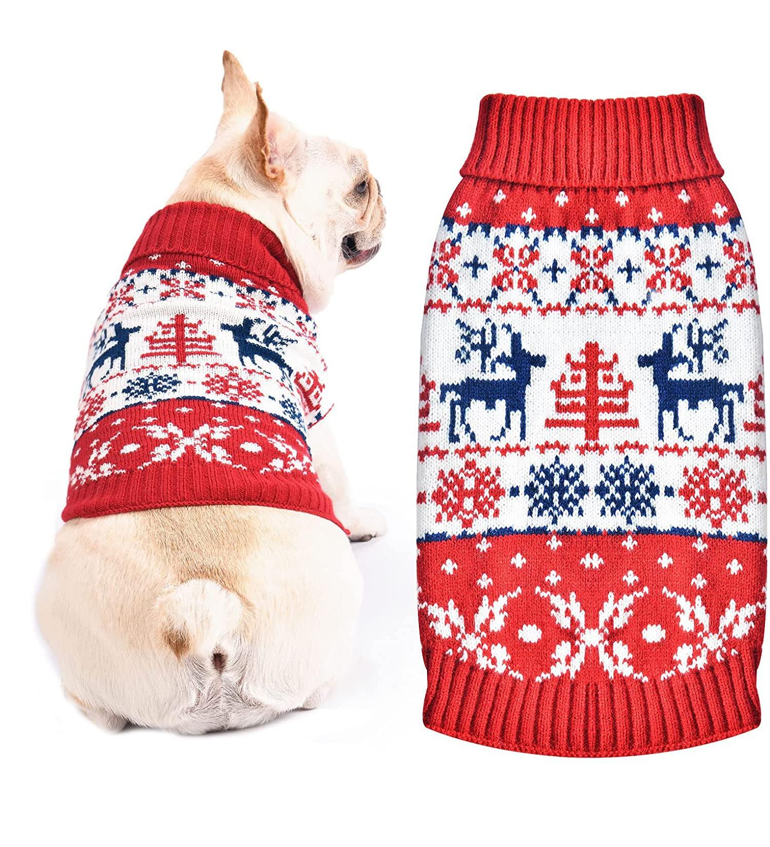 Christmas Dog Sweater - Warm Turtleneck Knitwear for Puppies | Festive Pet Gift with Snowflake & Elk Pattern | International Shipping Available - Buy Online on GoSupps.com