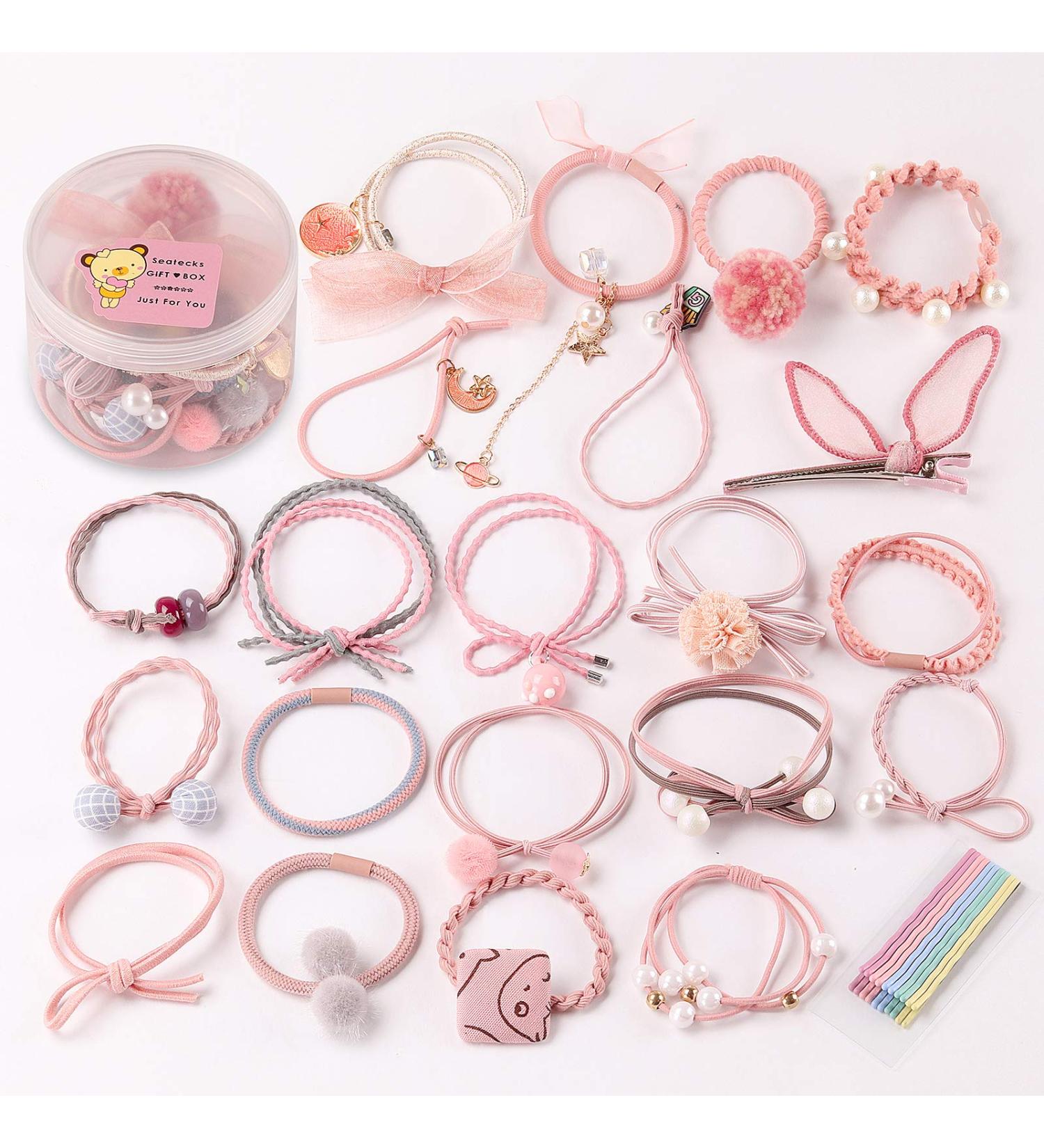 Seatecks 31-Piece Hair Tie & Clip Set | Elegant Elastic Hair Accessories for Girls & Women | DIY Hairstyles | Pink Ponytail Holders - Buy Online on GoSupps.com