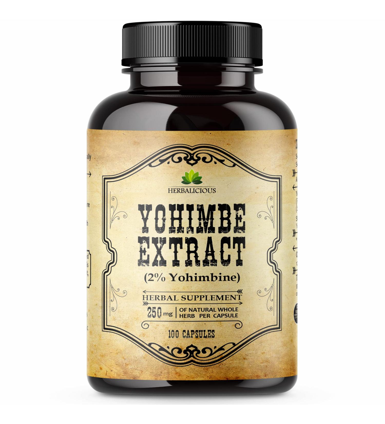 Herbalicious Yohimbe Supplements for Men - 250mg Natural Yohimbe Bark Extract - Men's Health Dietary Capsules - Brain Wellness, Athletic Endurance, Metabolism & Mood Support - 100 Caps - Buy Online on GoSupps.com