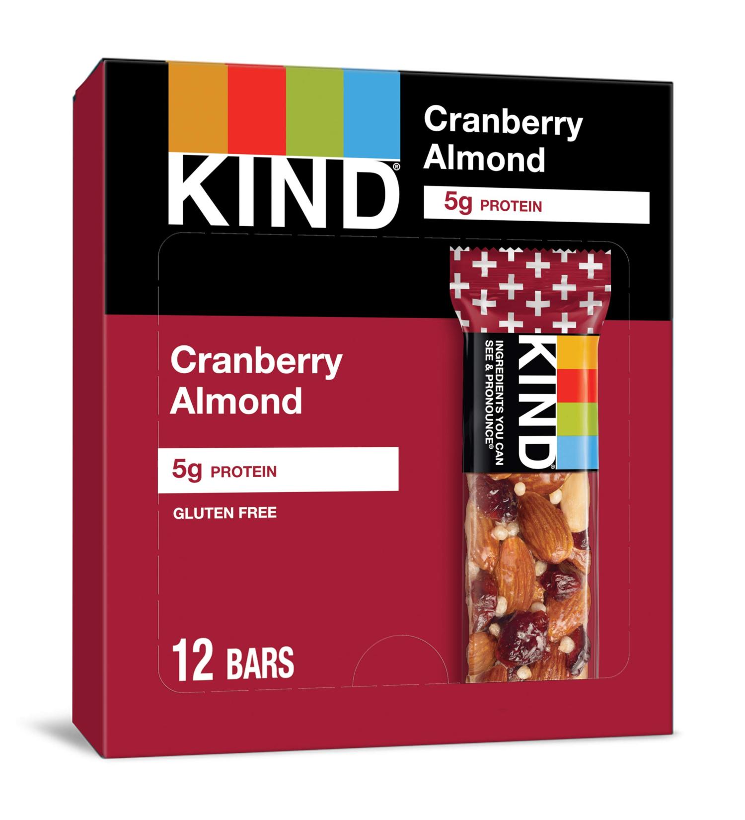 KIND Nut Bars Cranberry Almond - Gluten Free, 5g Protein, 1.4oz, 24 Count - Buy Online on GoSupps.com