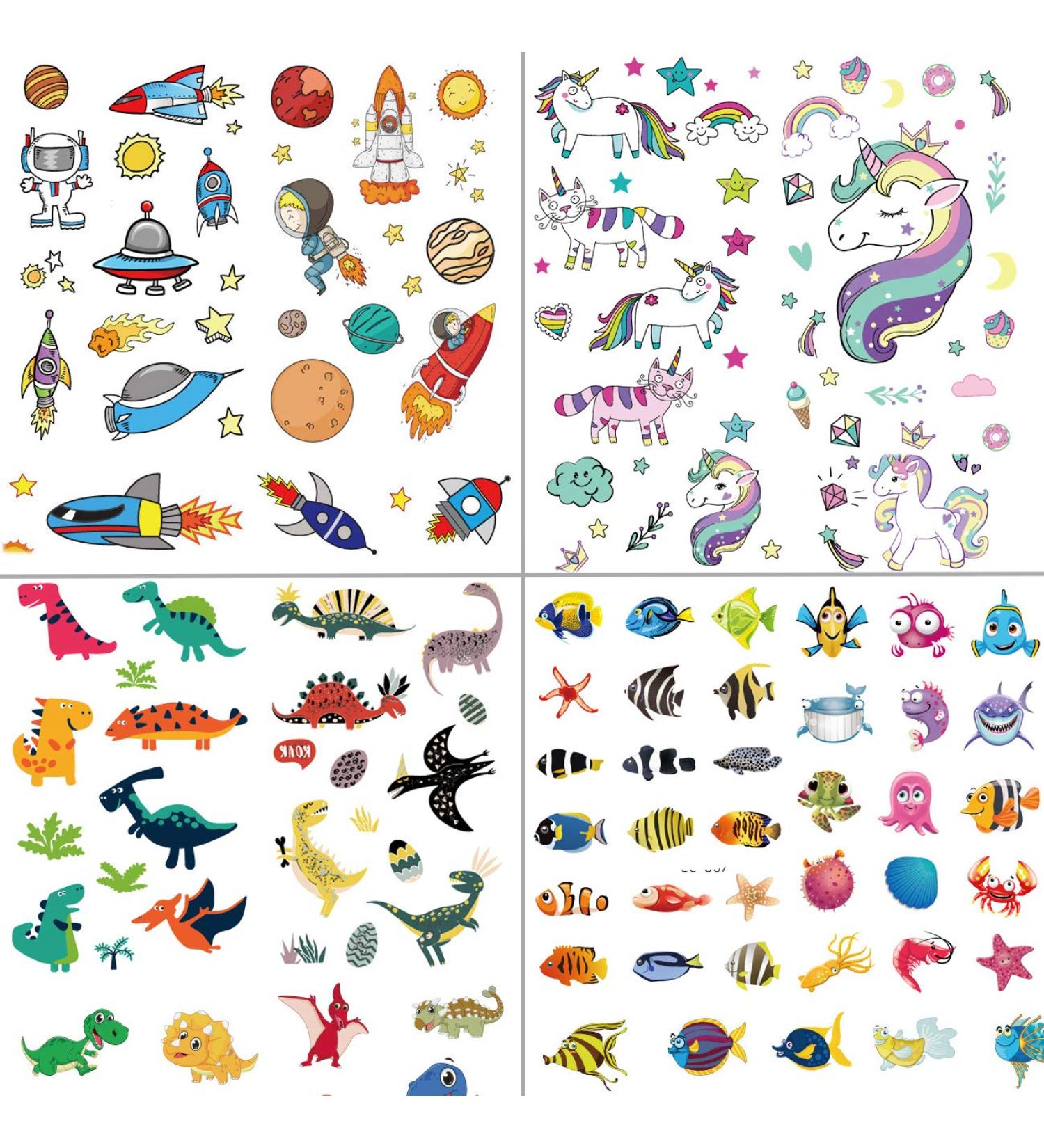 250pcs Cute Waterproof Temporary Tattoos for Kids Birthday Party - Dinosaur Spaceship Fish Unicorn Designs - Buy Online on GoSupps.com