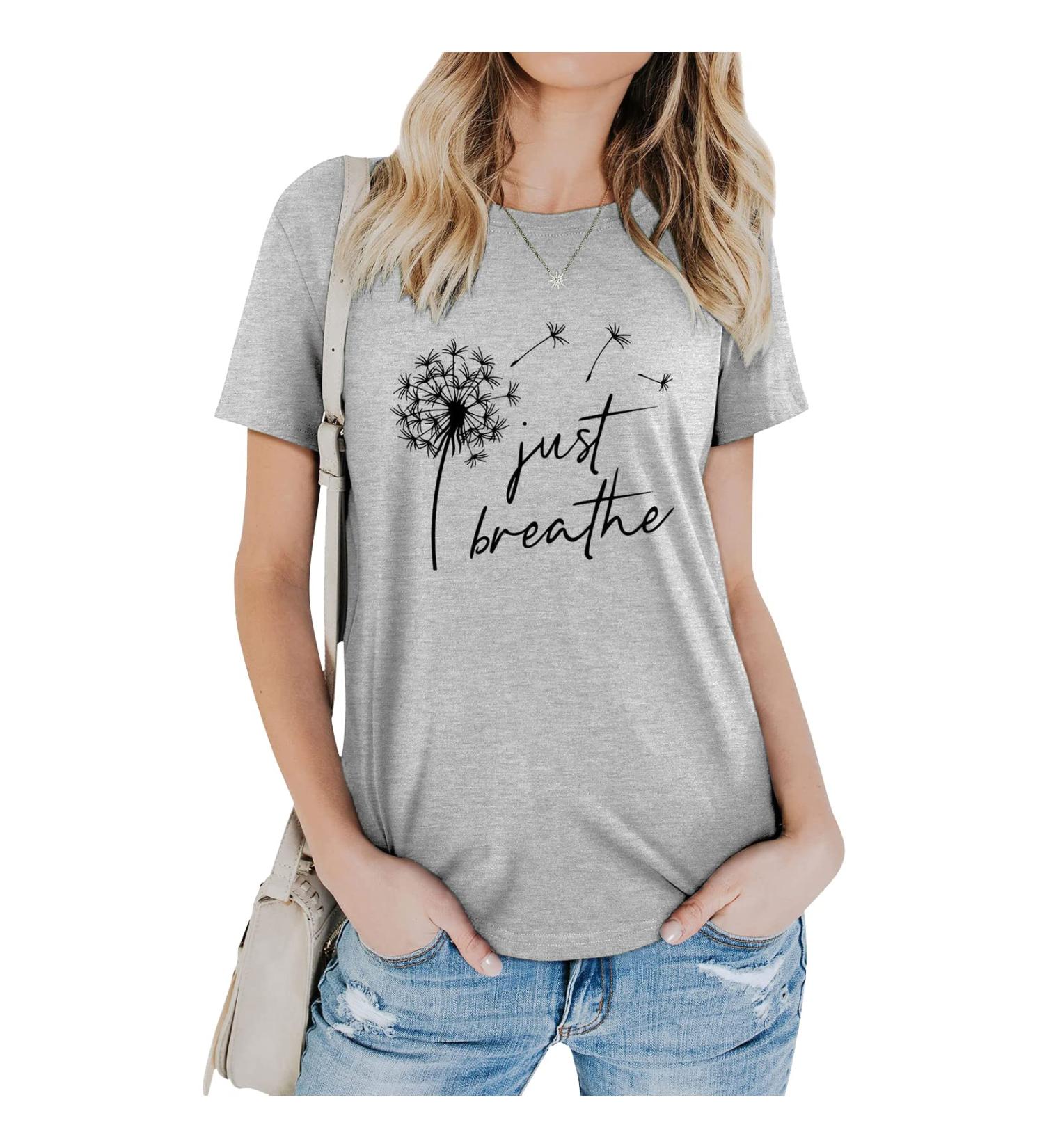VINGVO Short Sleeve Blouse Stylish Round Neck Printed Stylish Short Sleeve T Shirt for Dating Small Light Gray (Black Font) - Buy Online on GoSupps.com