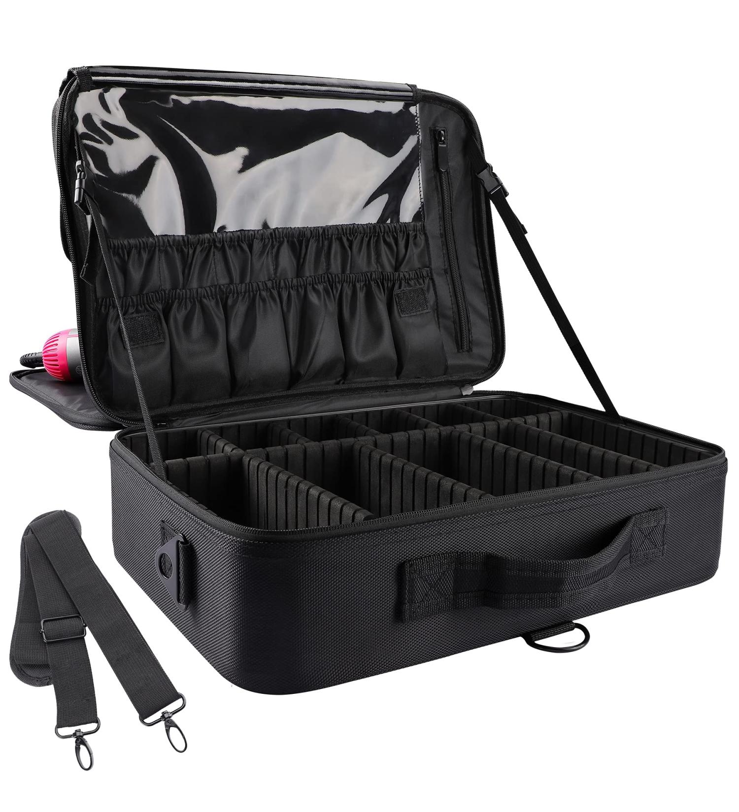 JOURMON Portable Makeup Case with Adjustable Dividers and Shoulder Strap - Pure Black - Travel Cosmetic Bag Organizer for Brushes & Toiletries - Buy Online on GoSupps.com