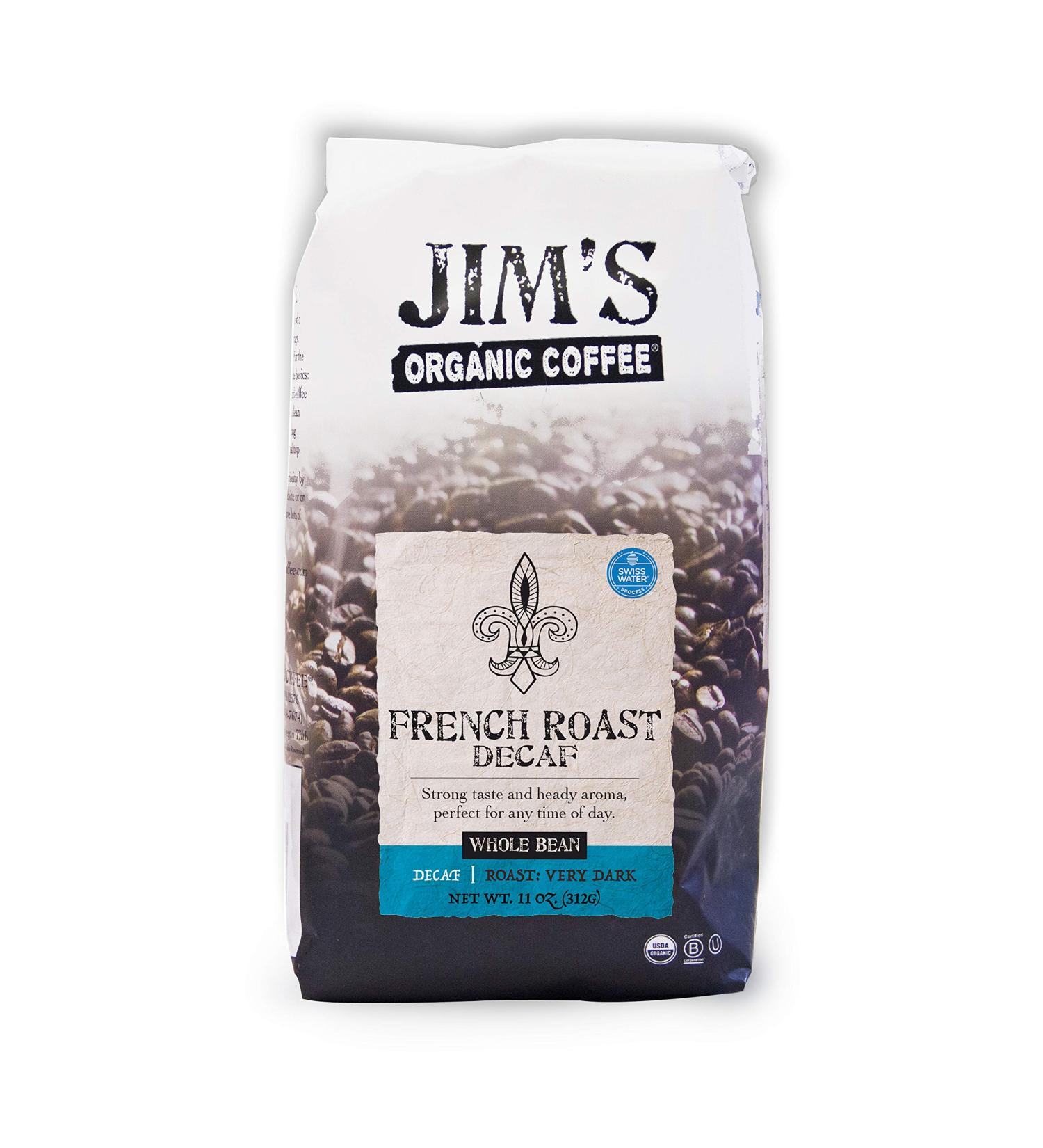 Jim's Organic French Roast Decaf Coffee â€“ Dark Roast Whole Bean 11 oz - Buy Online on GoSupps.com