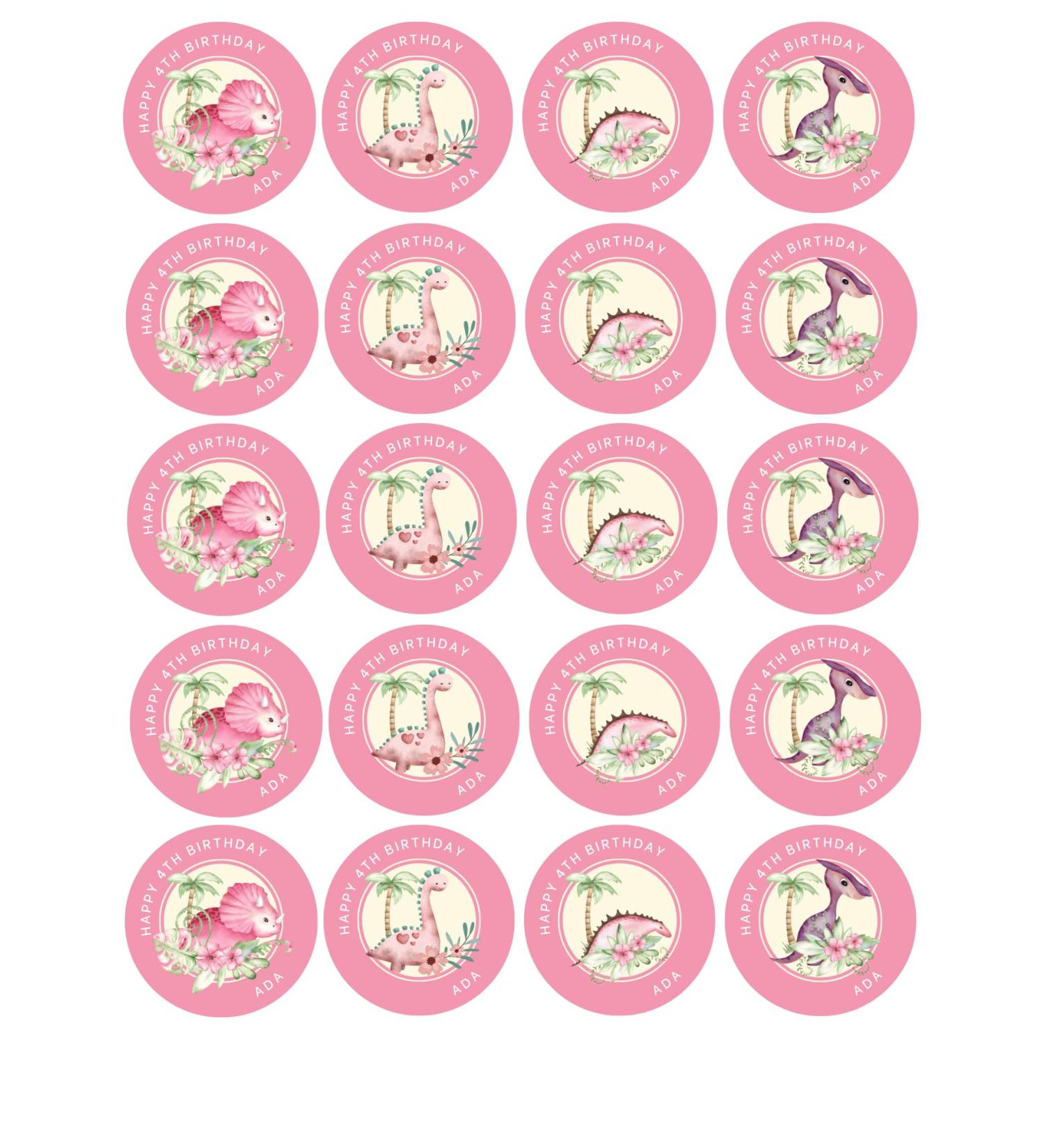 20 x personalised Dinosaur themed cupcake toppers wafer/icing uncut - pink (icing paper)