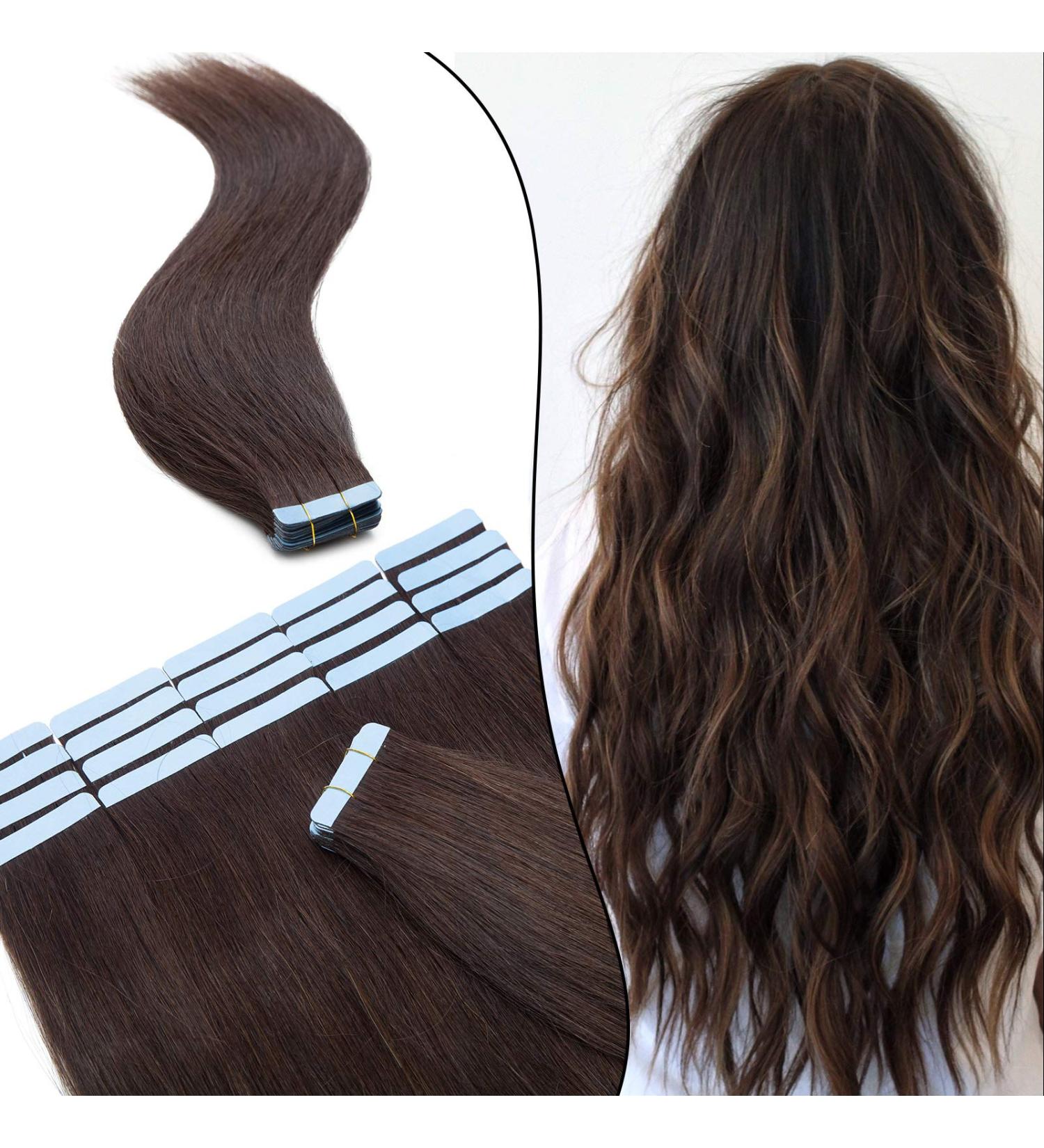 Silk-Co Tape Extensions | 40cm Remy Real Hair | Dark Brown | 20 Pieces 4cm Wide 2.5g Each - Buy Online on GoSupps.com