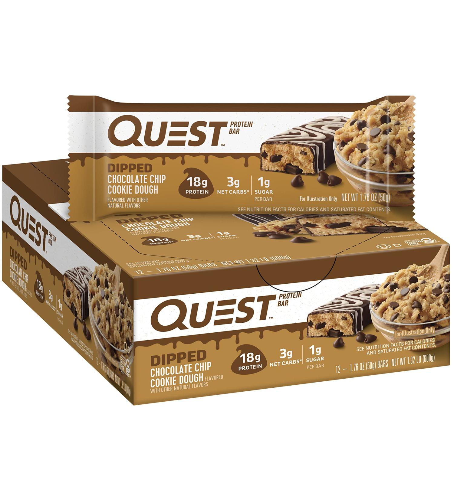 Quest Nutrition Dipped Chocolate Chip Cookie Dough Protein Bars - High Protein, Low Carb, Gluten Free, Keto Friendly - 12 Count - Buy Online on GoSupps.com