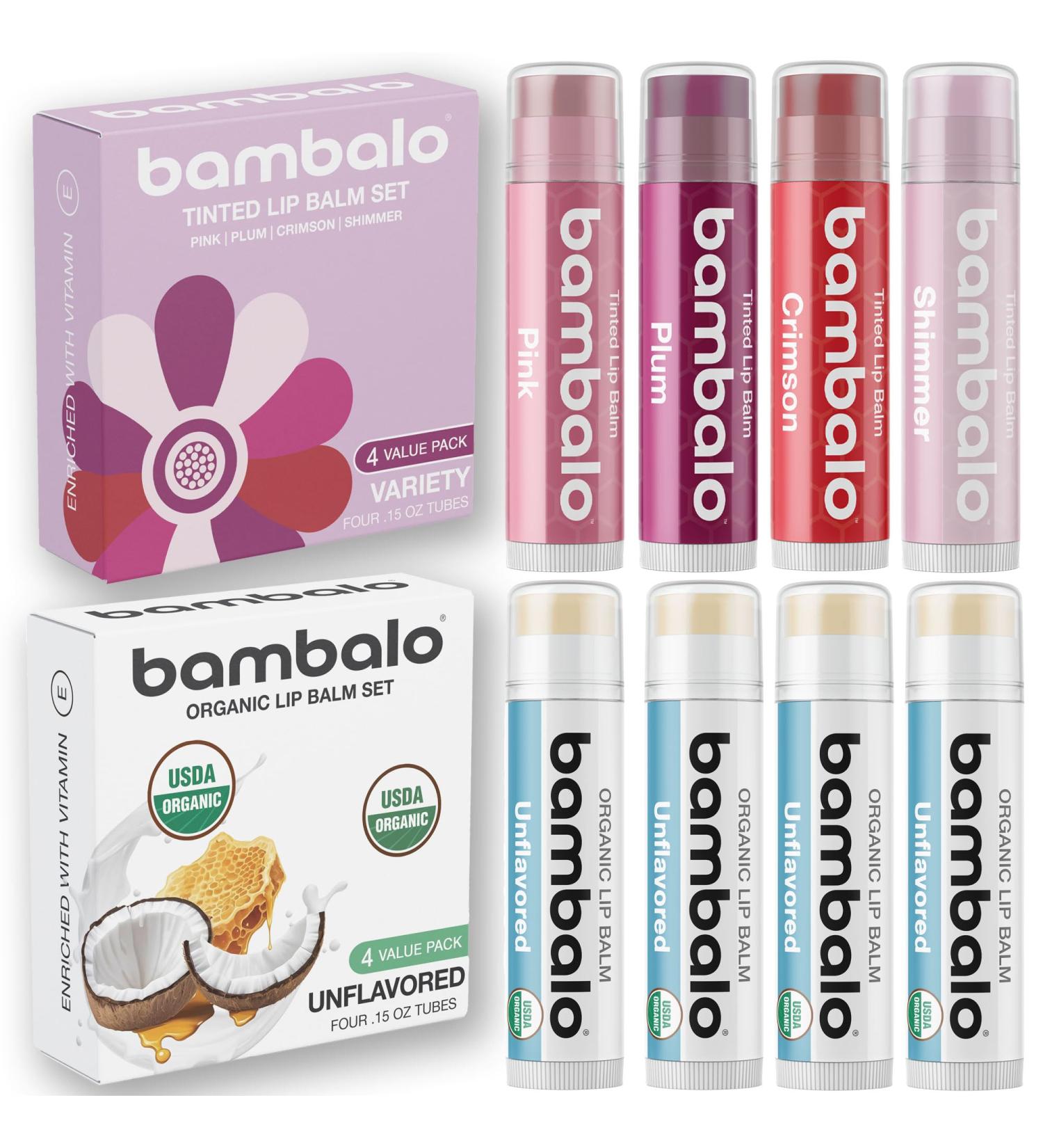 8-Pack Lip Balm Set by Bambalo Includes 4 Shimmer Tinted Balms & 4 USDA Organic Unflavored Balms Moisturizing & Nourishing Lip Care Natural Ingredients For Men and Women - Buy Online on GoSupps.com