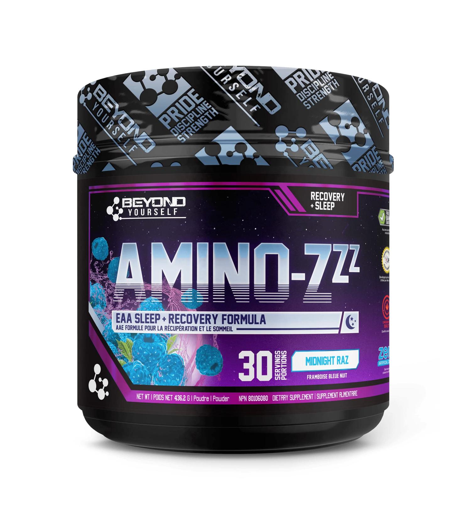 Beyond Yourself - Amino Zzz | The Ultimate Sleep & Recovery Elixir | Sleep Aid Complex with GABA L-Theanine Magnesium Zinc and Melatonin | 7.2g Vegan-Sourced EAAs for Muscle Repair | Zero Sugar Zero Calories | Midnight Raz - Buy Online on GoSupps.com