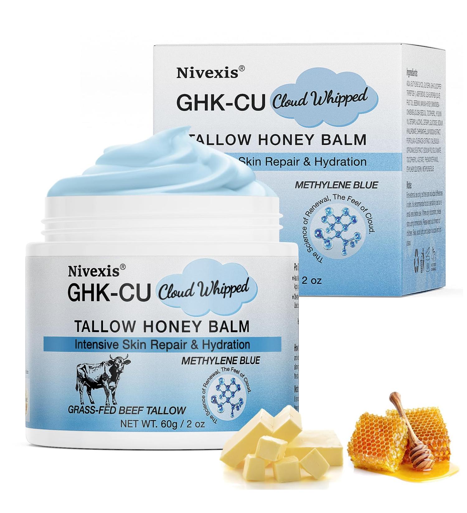 Nivexis Copper Peptides GHK-Cu Whipped Beef Tallow for Skin, Grass Fed Beef Tallow and Honey Balm for Face & Body, with Methylene Blue Anti-Aging Moisturizer, Suitable for All Skin Types, 2 Oz - Buy Online on GoSupps.com