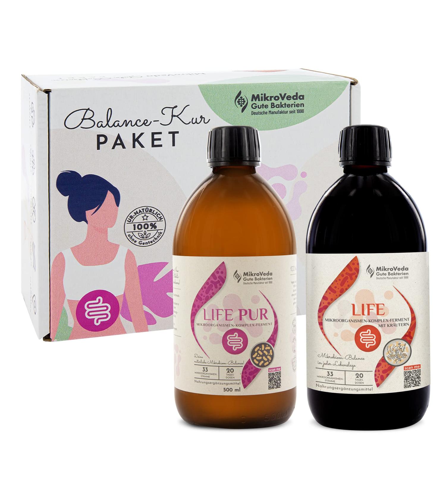 Microveda Structure Cure Beginner Kit - Vegan Ferment Drink with 33 Bacterial Strains 1x Microveda Life & Life Pure (2x0.5L Glass Bottles) - International Shipping Available - Buy Online on GoSupps.com