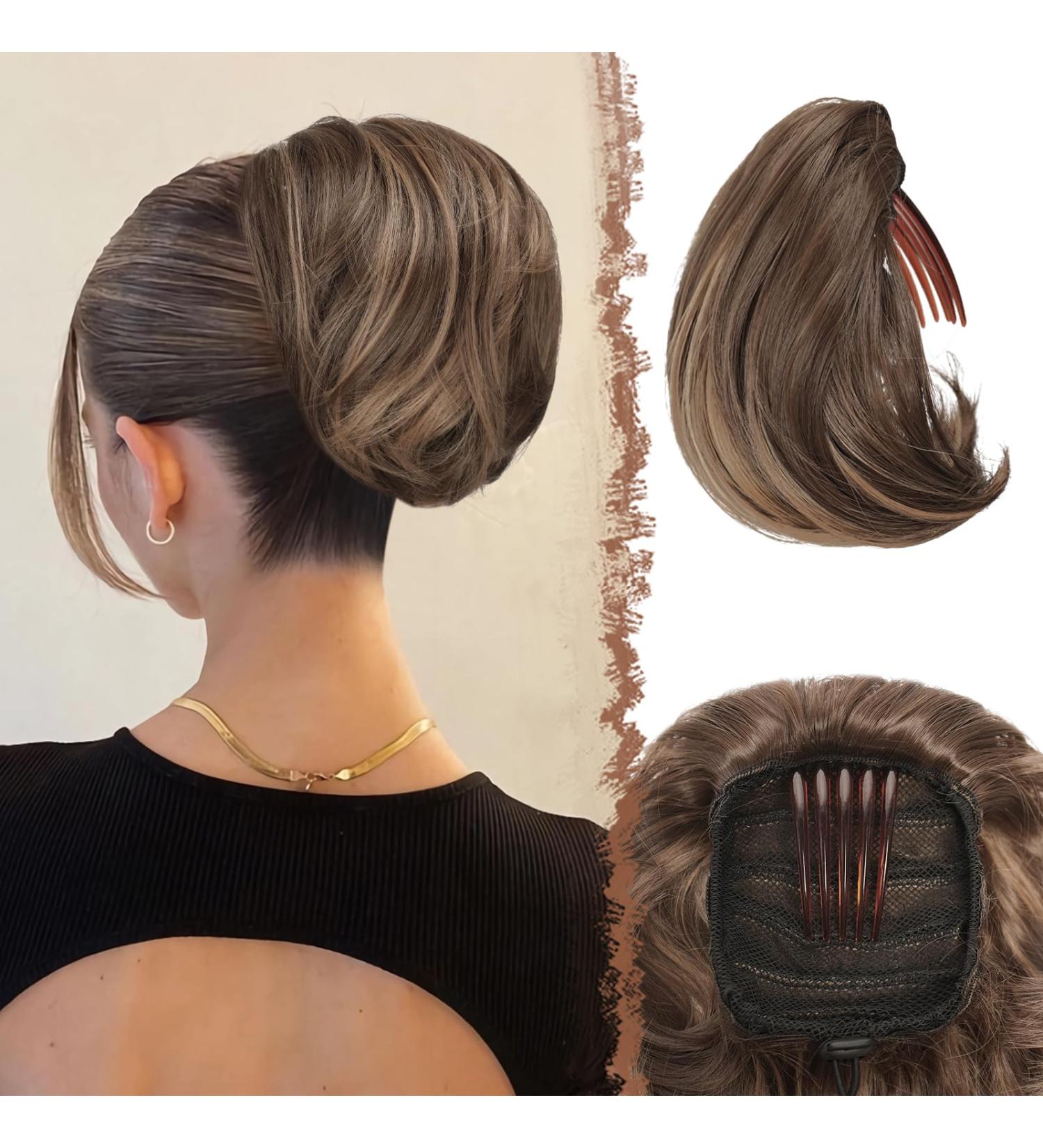 Feshfen Hair Part Dutt with Comb - Short Hair Horse Tail Chignon Synthetic Hair Extensions - Golden Brown Mixed Blonde - Buy Online on GoSupps.com