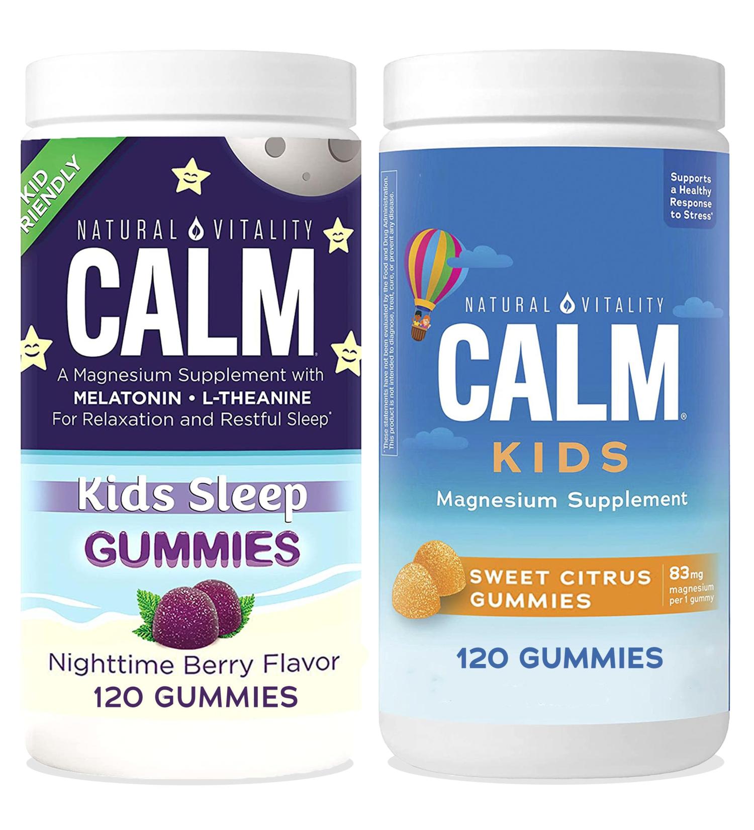 Natural Vitality Calm Magnesium Citrate Kids Supplement Stress Relief Gummies Supports a Healthy Response to Stress Gluten Free Vegan - Sweet Citrus (120 Gummies) & Nighttime Berry (120 Gummies) - Buy Online on GoSupps.com