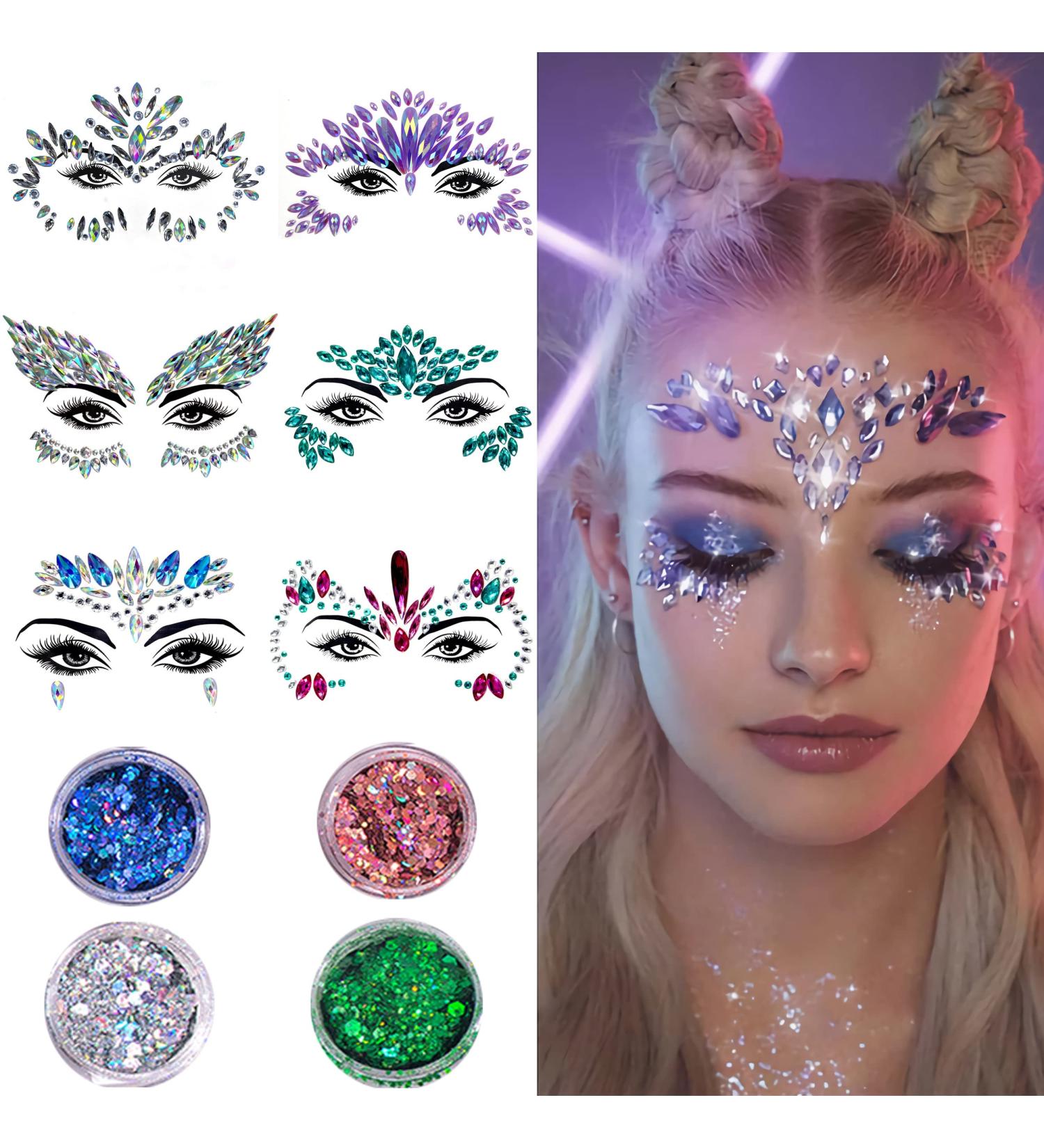 Face Jewels Stickers & Glitter Set for Festival, Rave, Party - Mermaid Crystal Temporary Tattoos - 6 Sets with 4 Boxes of Face Gems - Buy Online on GoSupps.com