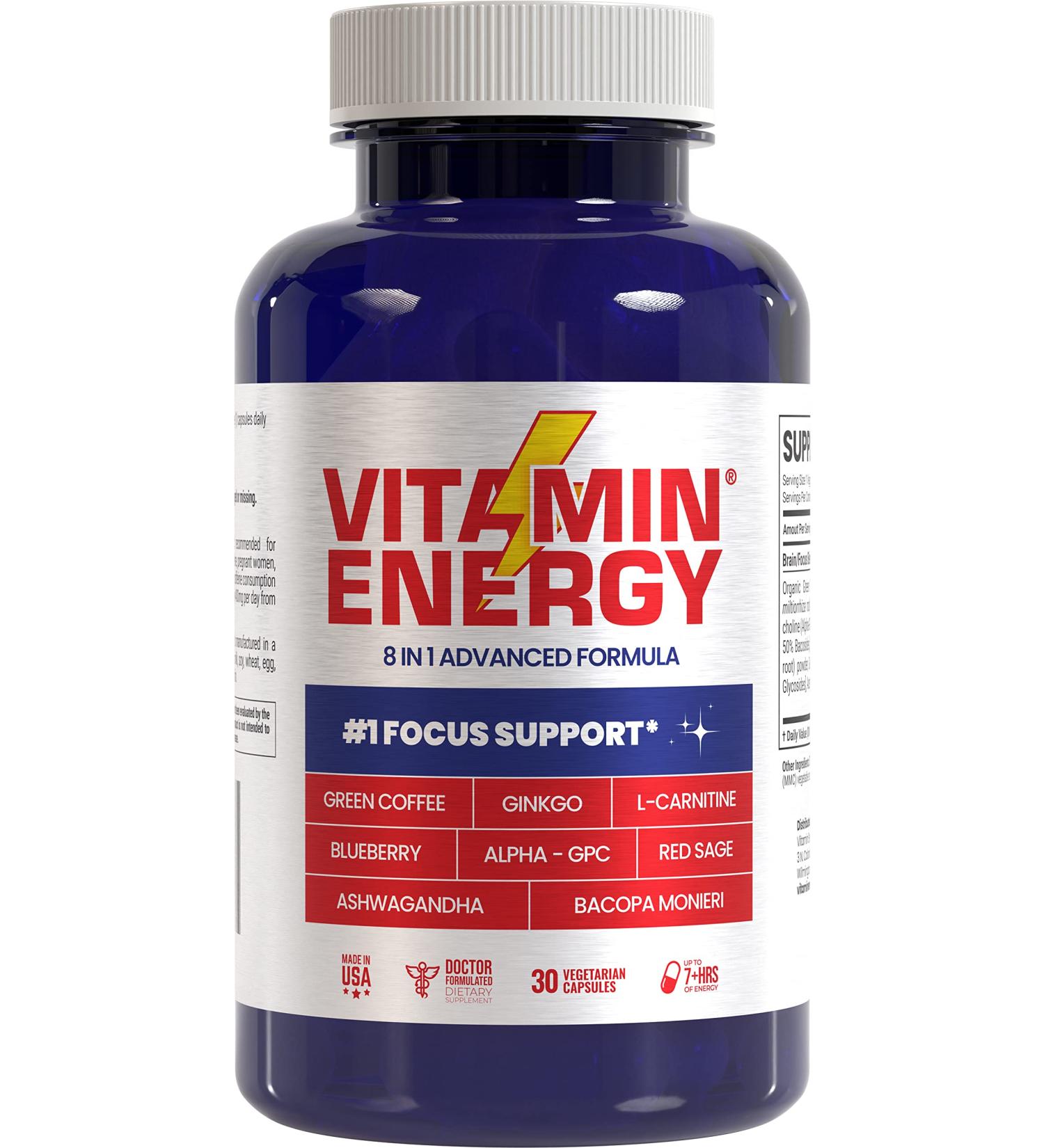 Vitamin Energy Focus+ Energy Capsules | 7+ Hours of Energy | 30 Capsules | International Shipping Available - Buy Online on GoSupps.com