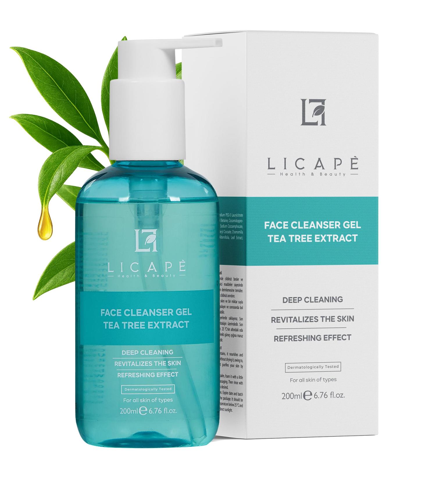 LICAPE Cleansing Gel Face | Facial Cleanser with Tea Tree Oil | For Oily & Sensitive Skin Removes Makeup 200 ml - Buy Online on GoSupps.com