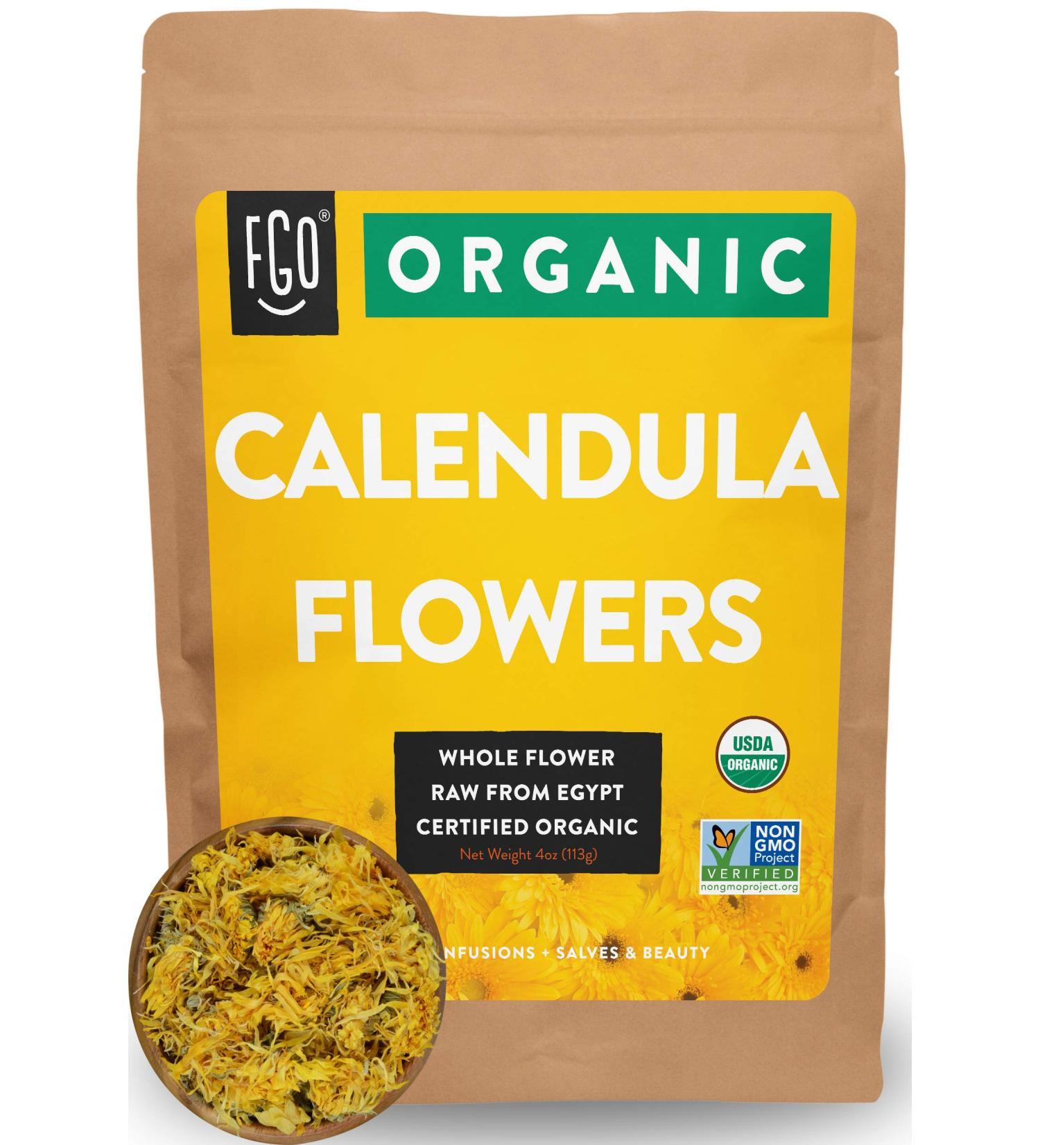 FGO Organic Calendula Flowers - 4oz Resealable Bag - Raw from Egypt - Whole Flower Petals - Buy Online on GoSupps.com