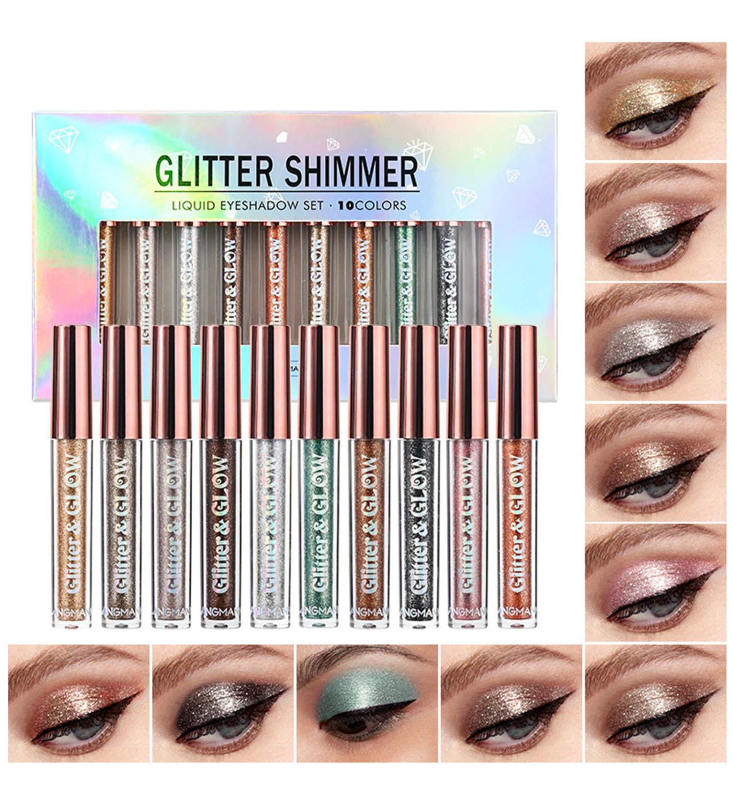 Langmanni 10PCS Liquid Eyeshadow Shimmer Glitter Liquid Eye Shadow Set Waterproof Long Lasting Metals Sparkling Eyes Makeup Liquid Eyeshadow for Party Wedding Festival or Daily Makeup - Buy Online on GoSupps.com