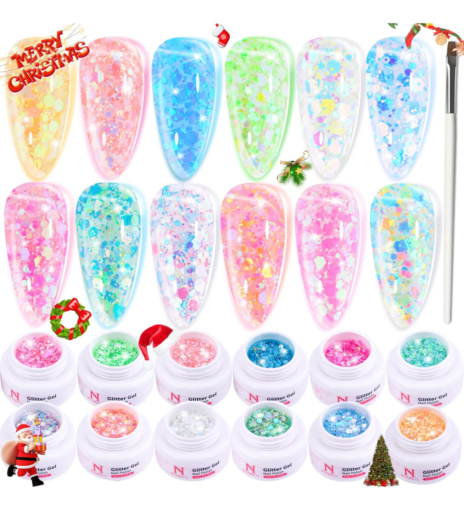Noirwhite Glitter Gel Nail Polish Set -12 Colors Sparkle Aurora Sequins Gel Polish Resplendent Neon Colorful Trendy Translucent Glitter Solid Nail Polish Kit Pink Gold White Blue Green Soak Off UV LED Solid Gel Nail Polish for Home DIY Manicure Nail Salon - Buy Online on GoSupps.com