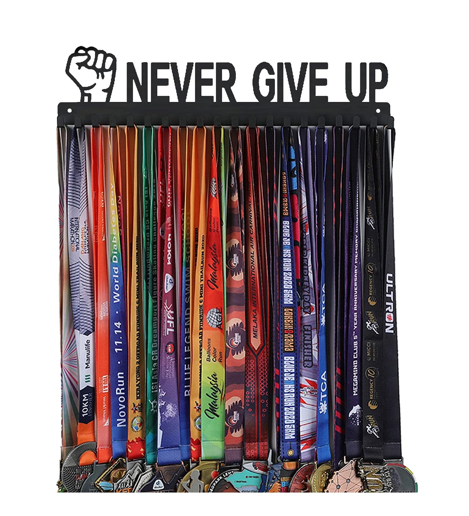 Goutoports Never Give Up Medal Holder Display - Sturdy Black Steel Rack for Over 60 Medals - Easy Install | Sport Race Runner Collection - Buy Online on GoSupps.com