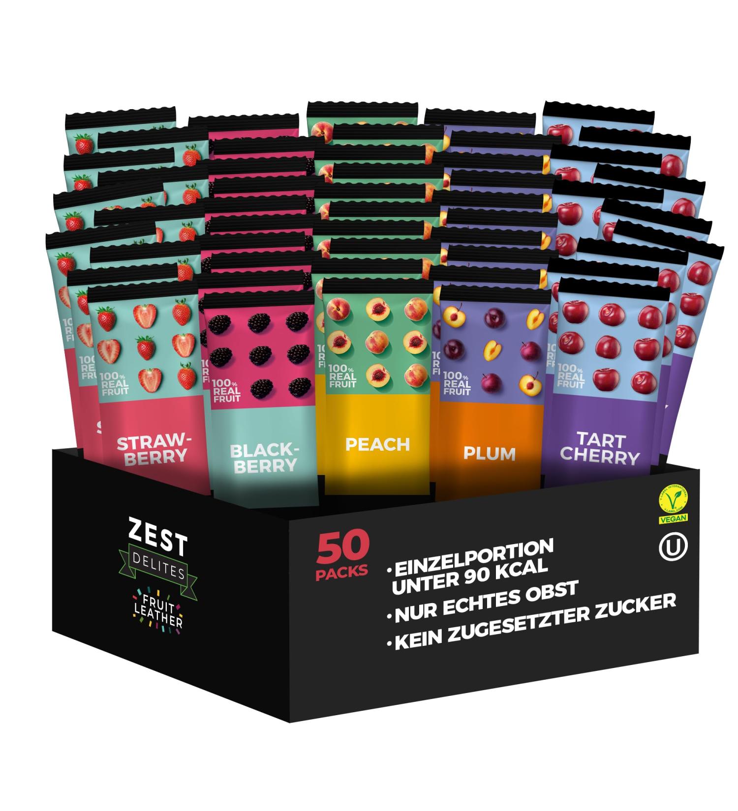ZEST Delites Fruit Retail Sweets | Gluten-Free Dried Fruits & Healthy Snacks | 50-Piece 25g Pack - Strawberry Blackberry Peach Plum Cherry - Buy Online on GoSupps.com