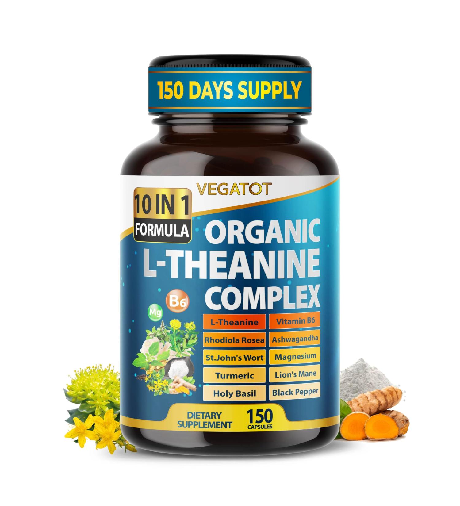 VEGATOT Ultra Organic L-Theanine Complex 10-in-1 Formula with Vitamin B6, Magnesium, Rhodiola, Ashwagandha, Turmeric & Holy Basil Supports Calm Mood, Relaxation & Focus 150 Capsules 150 count (pack of 1) - Buy Online on GoSupps.com