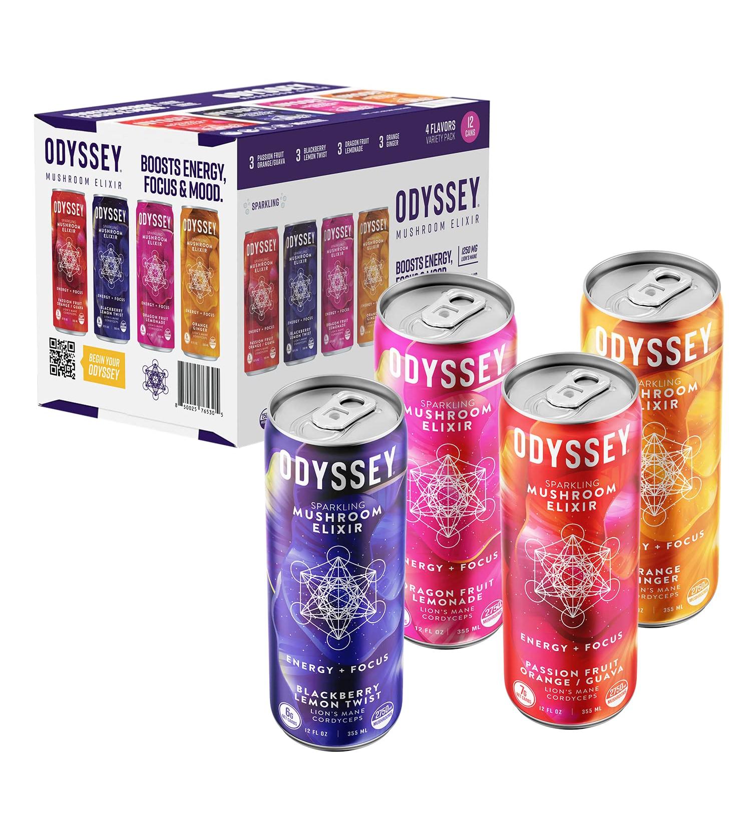 ODYSSEY ELIXIR - Sparkling Mushroom Energy Drink - Lions Mane & Cordyceps - Mental Focus & Stress Relief - Organic Caffeine - Adaptogens - Variety Pack - 12oz x 12 - Buy Online on GoSupps.com