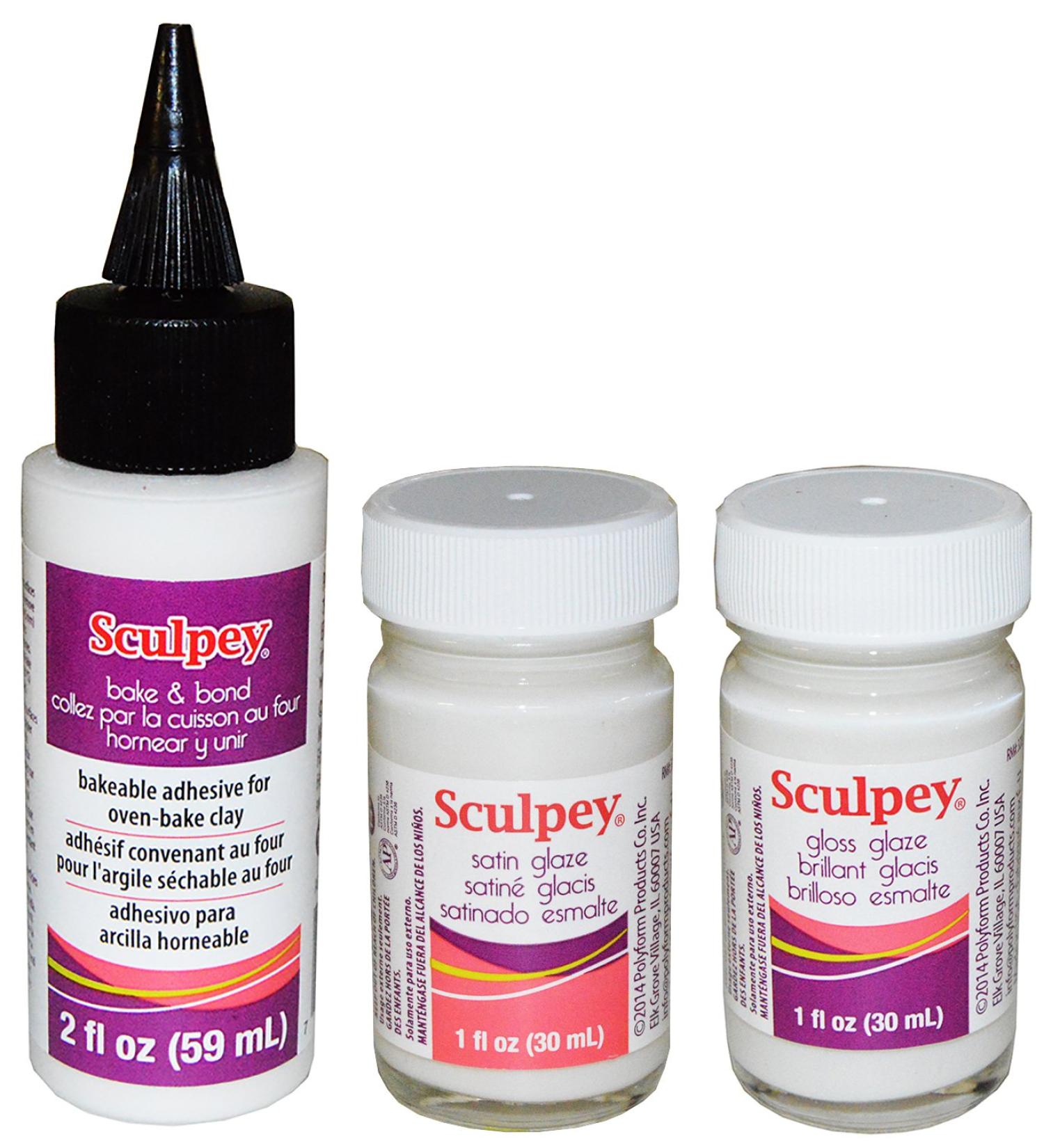 Polyform Sculpey Artist Set: 2 Ounces Bake and Bond Bakeable Adhesive for Oven-Bake Clay  1 Ounce Satin Glaze  1 Ounce Gloss Glaze 1 Pack